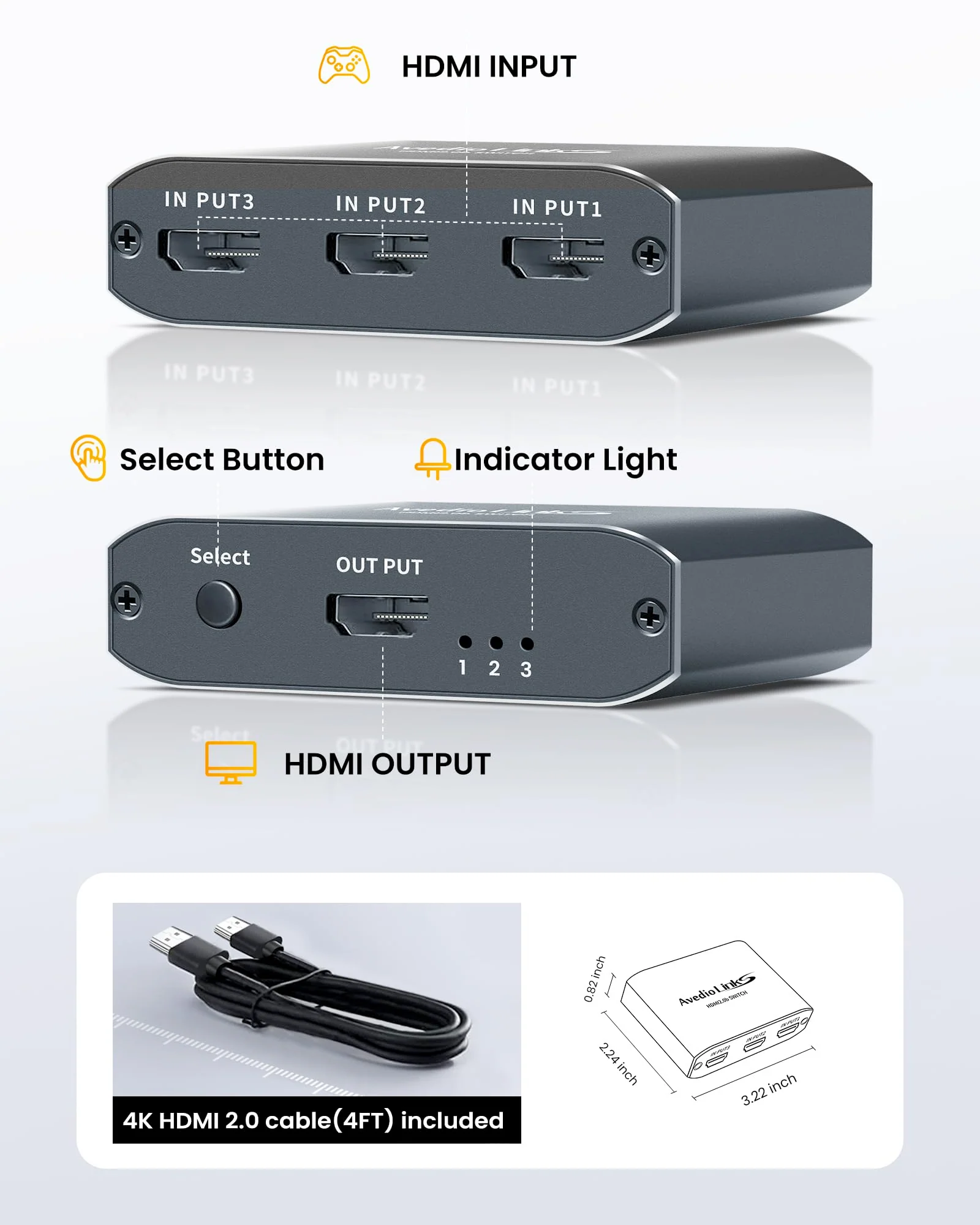 HDMI Switch 3 in 1 Out 4K@60Hz Aluminum Alloy【with 4FT HDMI 2.0 Cable】, avedio links 3x1 HDMI Multi Port Switch, 3 Way HDMI Selector Switcher Support HDCP 2.2, HDR 10, for Fire TV Stick, PS5, PS4 Aluminum Alloy 4K@60Hz 3x1 Grey - Image 8