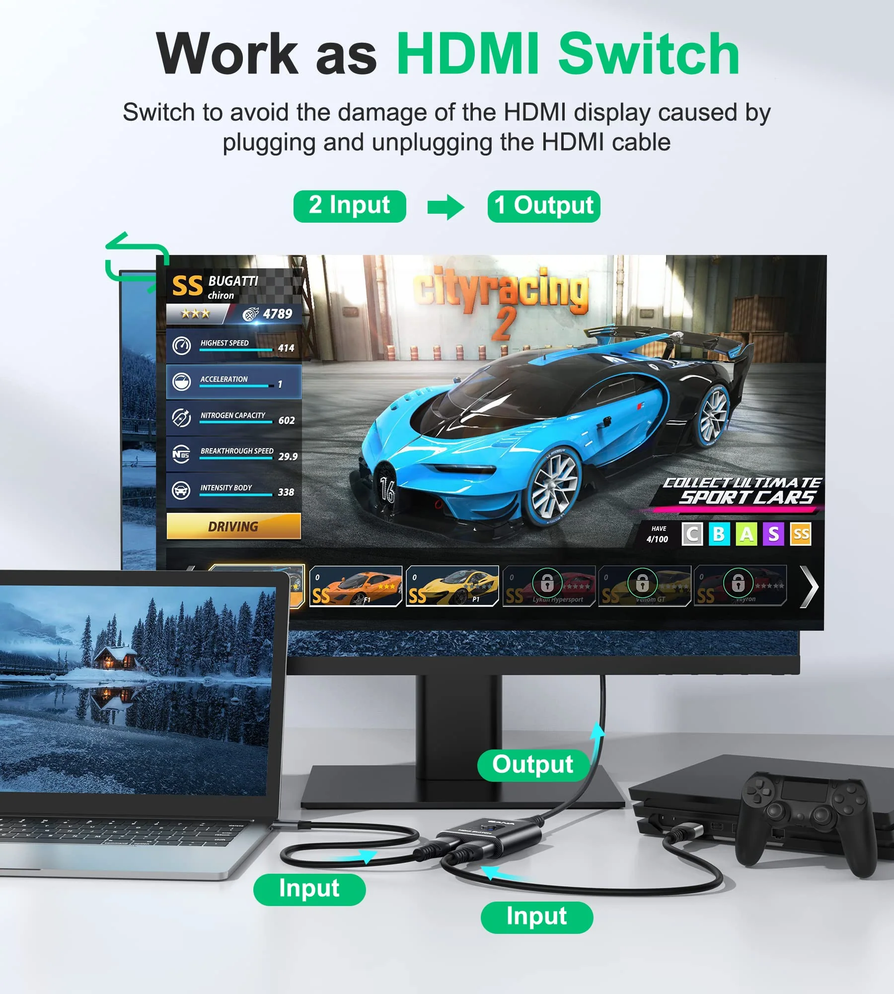 HDMI Switch 4k@60hz Splitter, GANA Aluminum Bidirectional HDMI Switcher 2 in 1 Out, Manual HDMI Hub Supports HD Compatible with Xbox PS5/4/3 Blu-Ray Player Fire Stick Roku Dark Black - Image 3