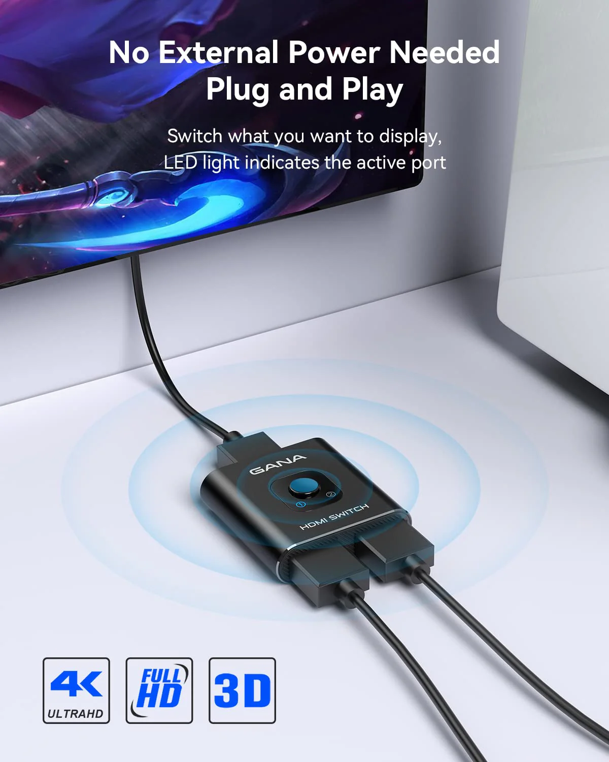 HDMI Switch 4K@60Hz Splitter【with 3.9FT HDMI Cable】, GANA Aluminum Bidirectional HDMI Switcher 2 in 1 Out, HDMI Hub for 3D, HDR, Compatible with Xbox, PS5/4/3,Fire Stick,Roku,Blu-Ray Player Black with 3.9Ft Cable - Image 5