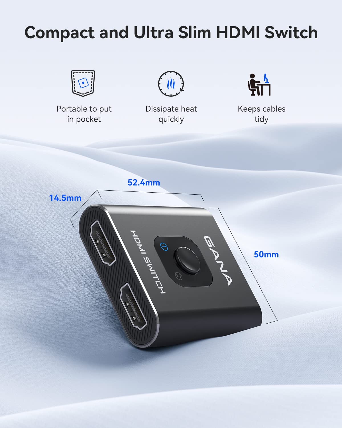 HDMI Switch 4K@60Hz Splitter【with 3.9FT HDMI Cable】, GANA Aluminum Bidirectional HDMI Switcher 2 in 1 Out, HDMI Hub for 3D, HDR, Compatible with Xbox, PS5/4/3,Fire Stick,Roku,Blu-Ray Player Black with 3.9Ft Cable - Image 7