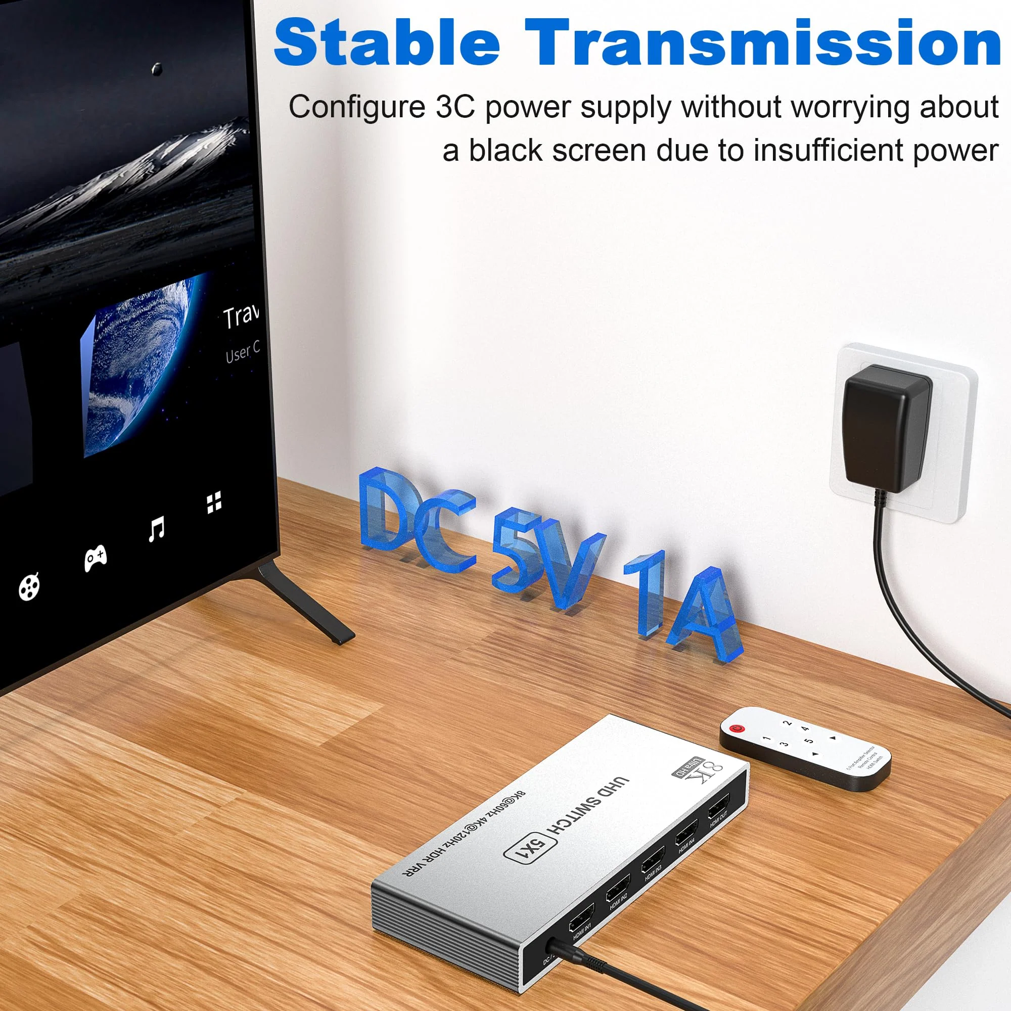 HDMI Switch 5 in 1 Out 8K UHD HDMI Switcher Splitter, 8K@60Hz/4K@120Hz HDMI Switch Box Hub with IR Remote 5 Port HDMI Switcher Selector Support 3D CEC HDR HDCP2.3 for PS5/4/3 Xbox TV Fire Stick - Image 5