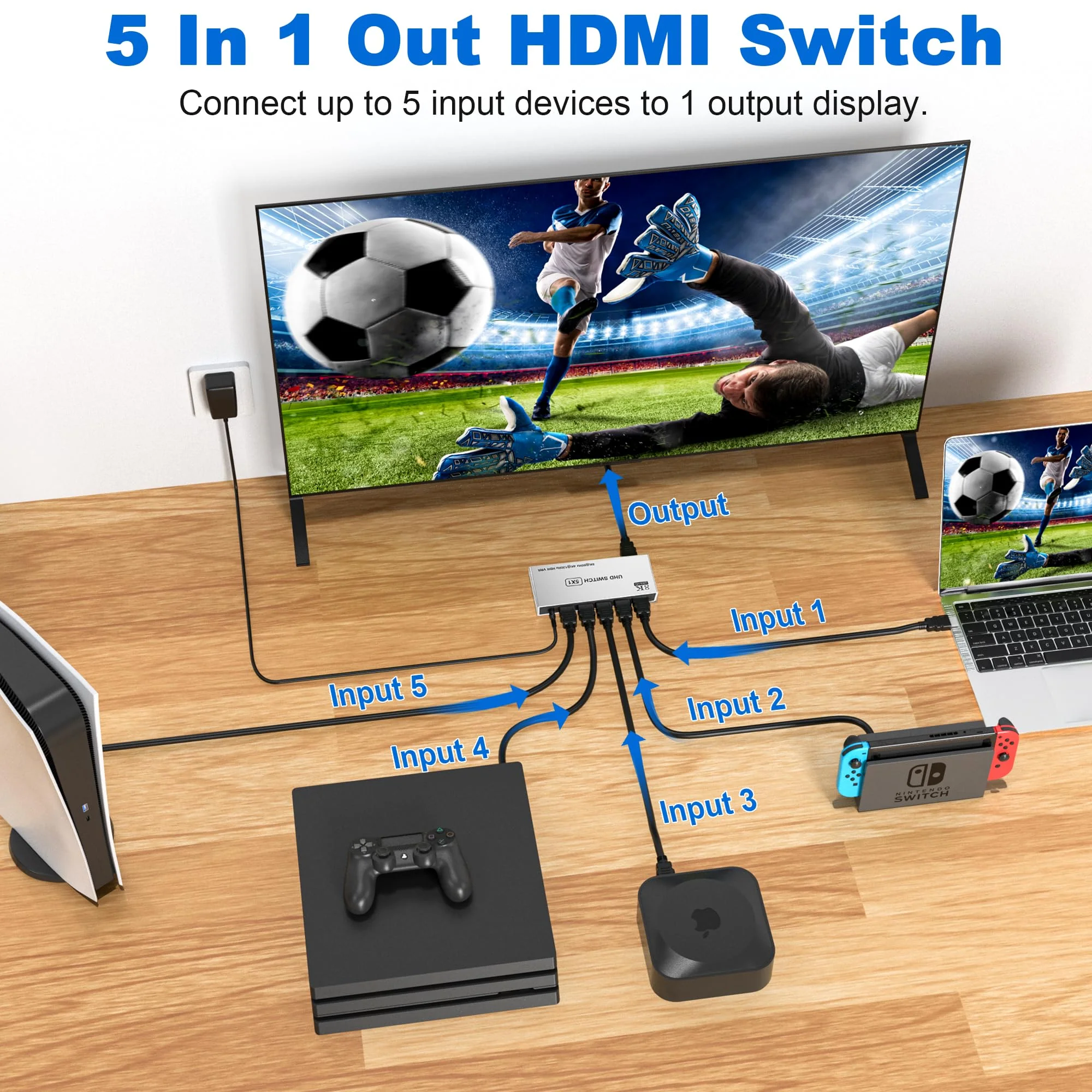 HDMI Switch 5 in 1 Out 8K UHD HDMI Switcher Splitter, 8K@60Hz/4K@120Hz HDMI Switch Box Hub with IR Remote 5 Port HDMI Switcher Selector Support 3D CEC HDR HDCP2.3 for PS5/4/3 Xbox TV Fire Stick - Image 6