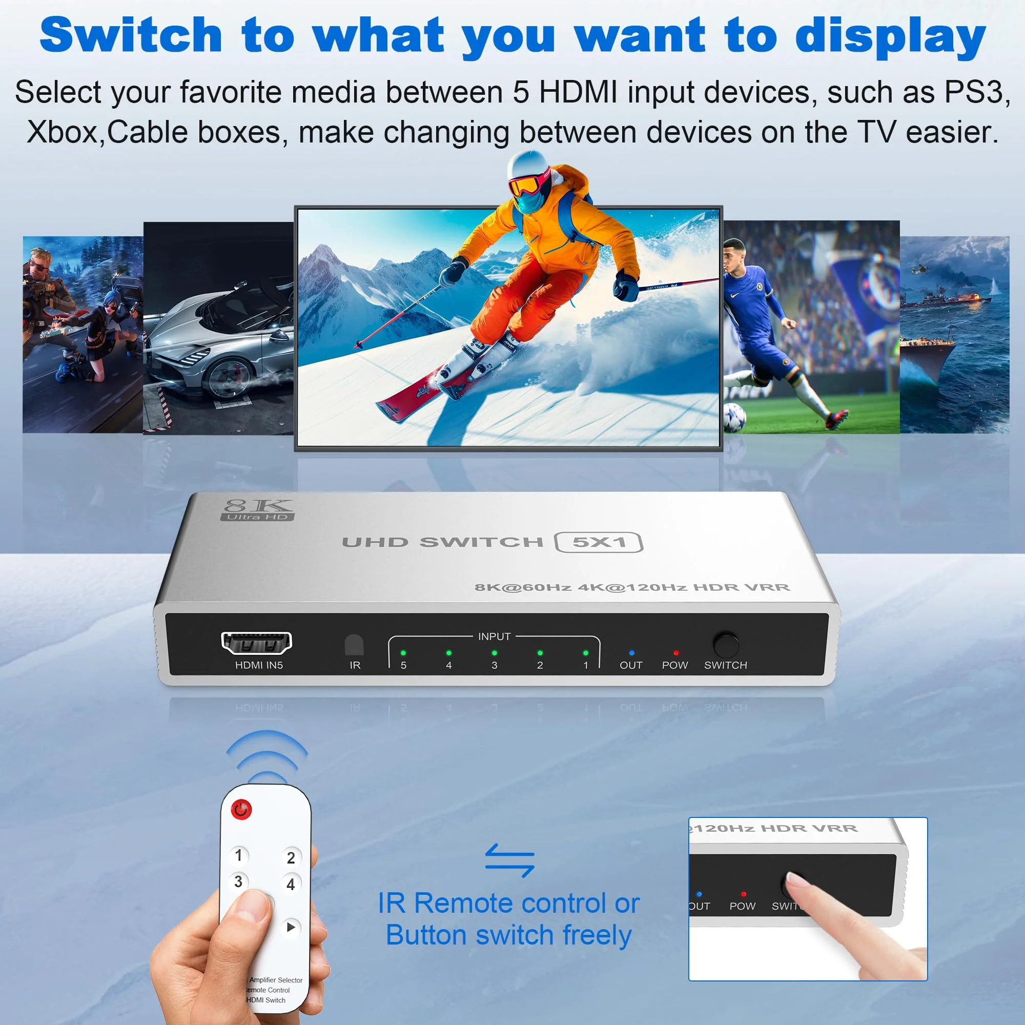 HDMI Switch 5 in 1 Out 8K UHD HDMI Switcher Splitter, 8K@60Hz/4K@120Hz HDMI Switch Box Hub with IR Remote 5 Port HDMI Switcher Selector Support 3D CEC HDR HDCP2.3 for PS5/4/3 Xbox TV Fire Stick - Image 7