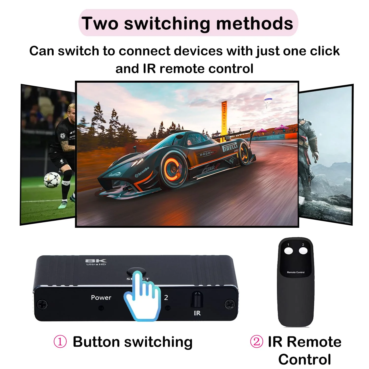 HDMI Switch, 8K Bi-Directional HDMI 2.1 Switcher Splitter, Supports 8K@60Hz, 4K@120Hz, 1080P@240Hz, HDR, 3D, Dolby Compatible with PS5 Xbox Blu-Ray Player etc - Image 7
