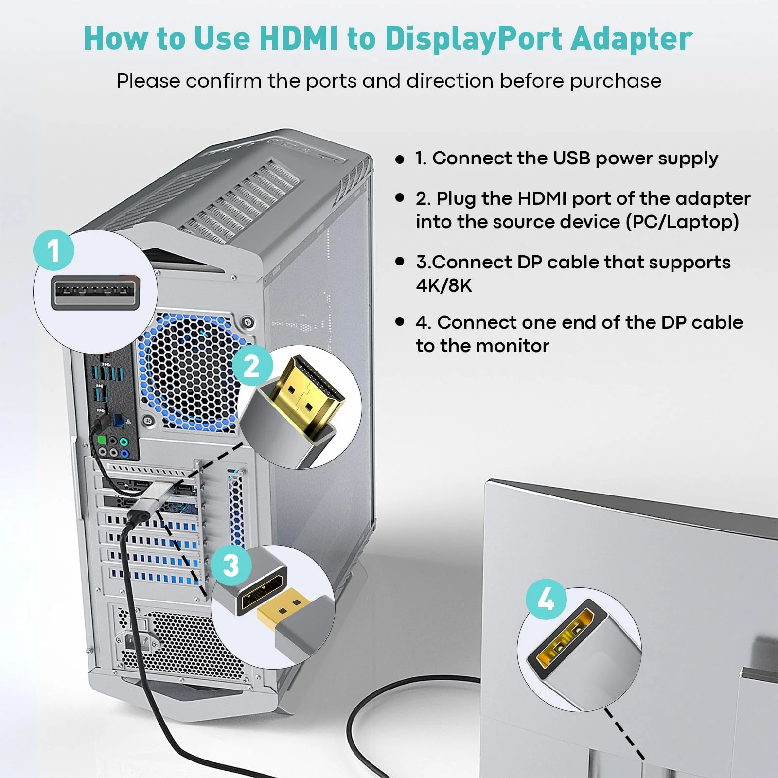 HDMI to DisplayPort Adapter (4K 60Hz,1080p 120Hz) Uni-Directional HDMI Male to DP Female Converter [2 Pack] for Monitor Compatible with GPU,Laptop,AMD,NVIDIA,PS5,Xbox More 3.92 inch - Image 6