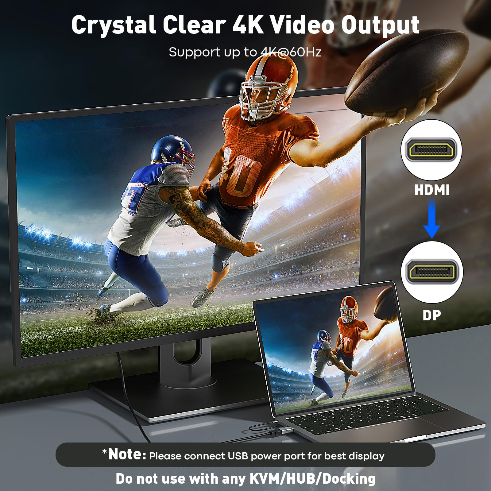 HDMI to DisplayPort Adapter (4K 60Hz,1080p 120Hz) Uni-Directional HDMI Male to DP Female Converter for Monitor Compatible with GPU,Laptop,AMD,NVIDIA,PS5,Xbox and More - 1 Pack 1.96 inch - Image 2