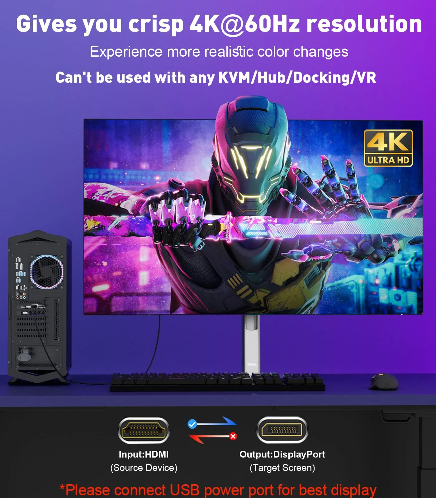 HDMI to DisplayPort Adapter (4K@60Hz) HDMI (Souce) to DP (Display) Converter HDMI Male to Display Port Female Compatible with Laptops, Graphics Cards, PS5, AMD,NVIDIA-1 Pack - Image 2