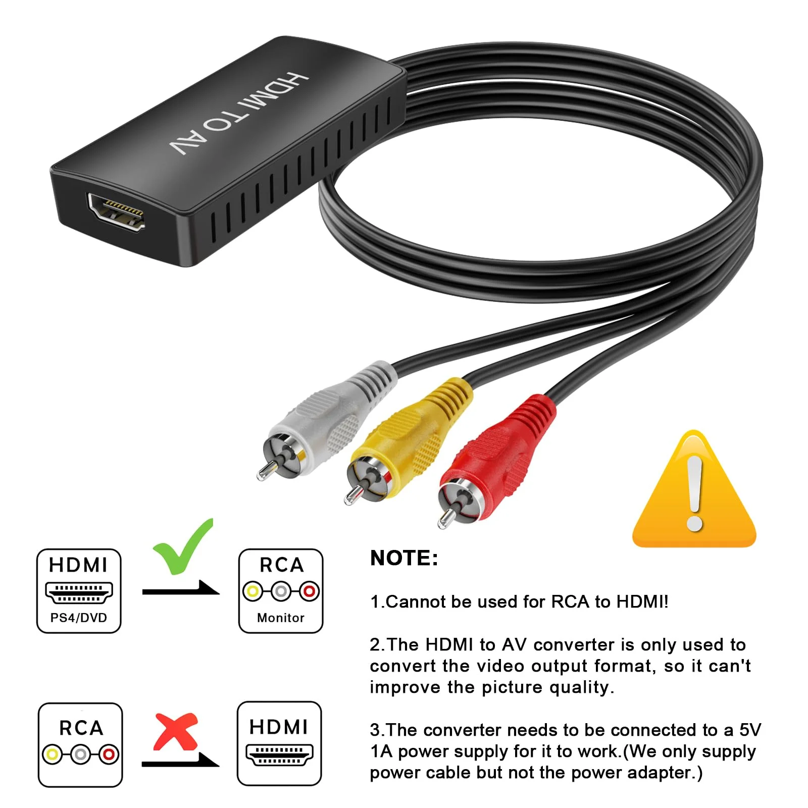 HDMI to RCA Converter, HDMI to AV Adapter for Old TV, HDMI RCA Composite Video Converter Supports PAL/NTSC for TV Stick, Roku, Android TV Box, DVD HDMI to RCA - Image 4