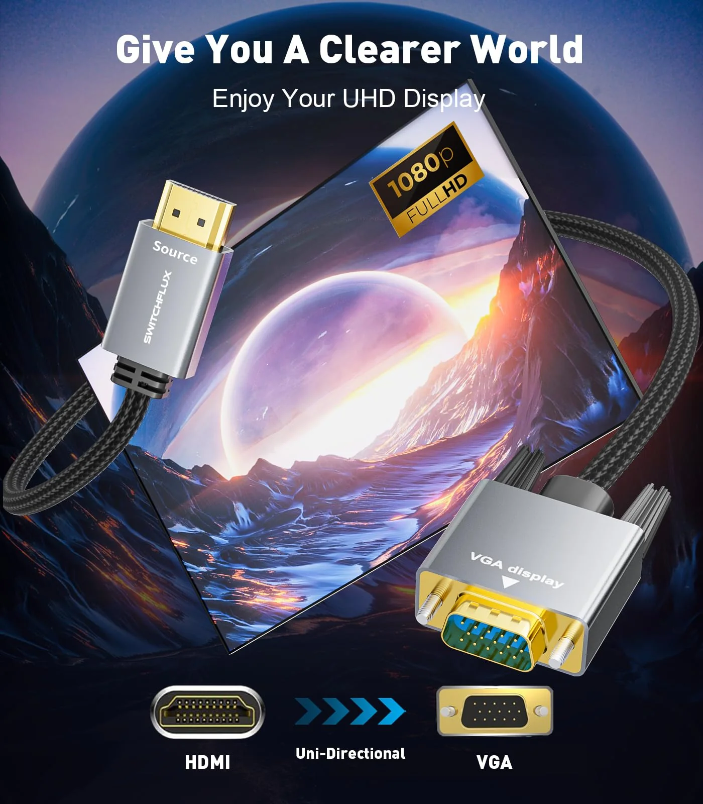 HDMI to VGA Adapter Cable 6FT [Metal Case, Nylon Cable] 1080P@60Hz HDMI Male to VGA Male Uni-Directional Braided Cord for Computer, Laptop, Monitor, Roku, Xbox, Graphics Card More - Image 2