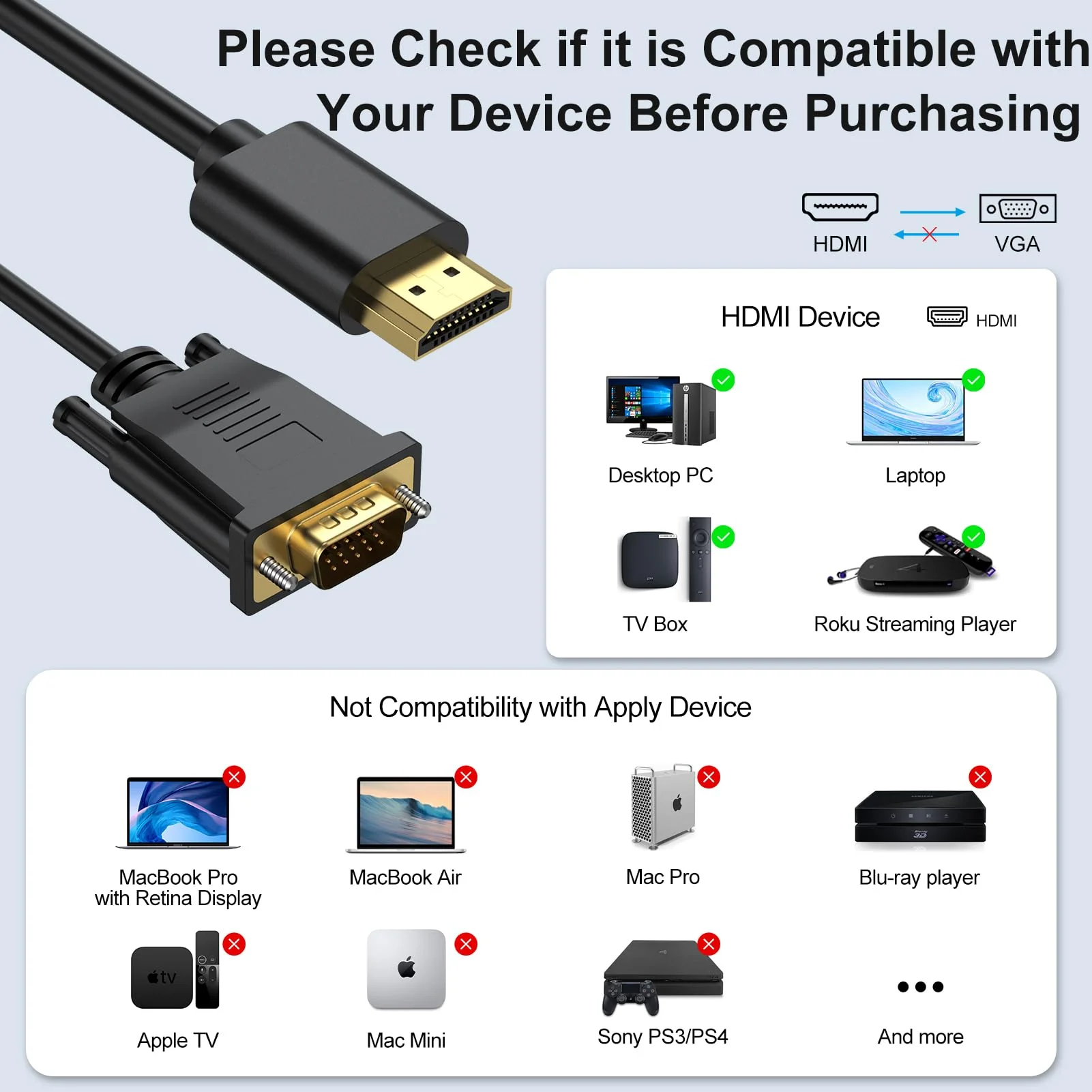 HDMI to VGA Cable 3.3 Feet, HDMI to VGA Cord (Male to Male) 1080P HD Video Cables Compatible for Computer, Desktop, Laptop, PC, Monitor, Projector, HDTV and More (NOT Bidirectional) 3 Feet 1Pack - Image 3