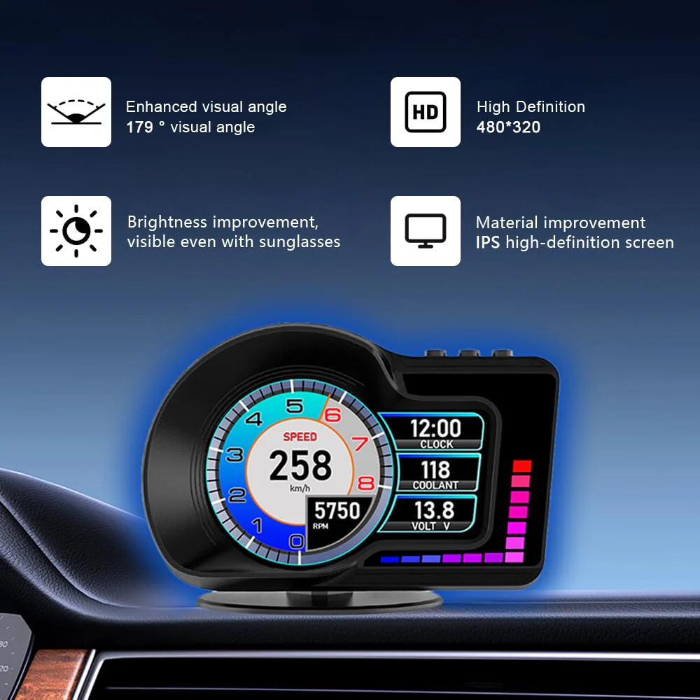 Head Up Display HUD F16 with OBD2 + GPS Dual System Digtial Speedometer, 3.5" IPS Smart Gauge, Speed, Voltage, Engine RPM, OverSpeed Warning, Water Temperature, Turbo Pressure for Cars After 2008 - Image 3