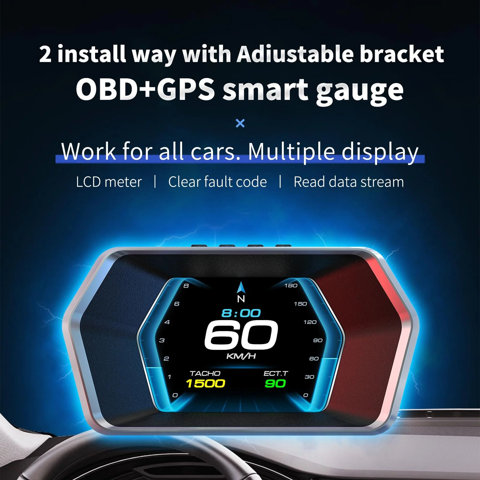 heads up display P17, Car Smart obd2 gauge display, GPS Speedometer with Vehicle Speed, RPM, Fuel Consumption Voltage Multi Data Intelligent Instrument for All Cars - Image 2