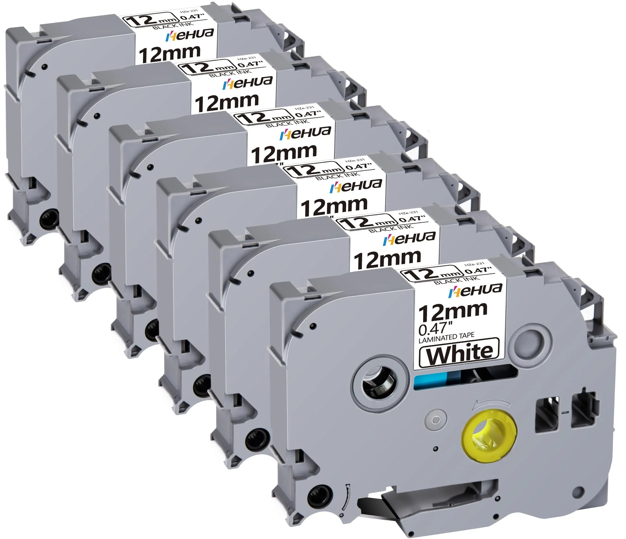 Hehua Label Maker Tape 12mm 0.47 White Compatible for Brother P Touch Label Tape 1/2", Tze Tz Tape 12mm 0.47 Laminated White Compatible for Brother Ptouch PTD210 D220 D400 D410 D600 PTH110, 6 Pack