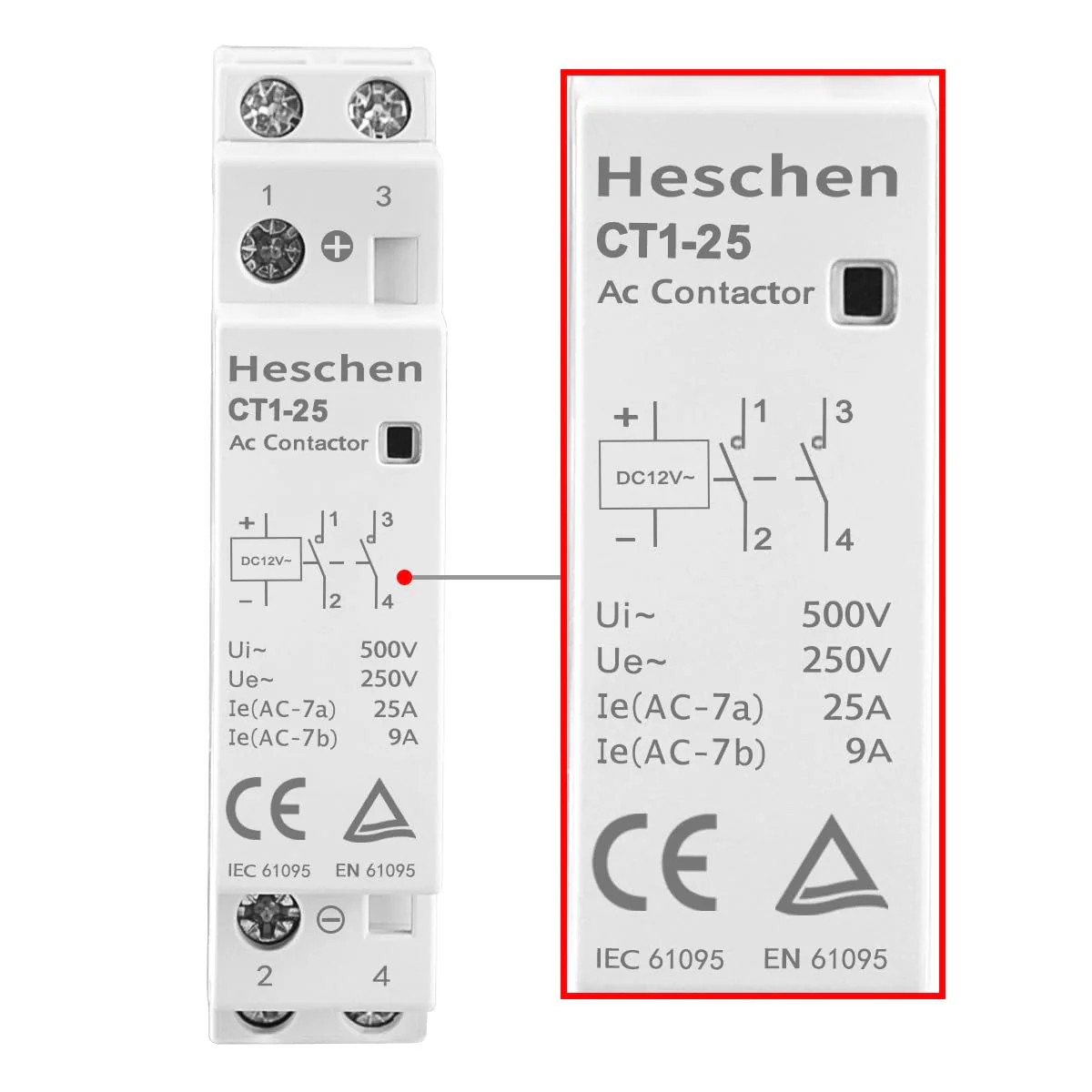 Heschen Household AC Contactor, CT1-25, Ie 25A, 2 Pole, Two Normal Open, DC 12V Coil Voltage, 35mm DIN Rail Mount (DC 12V) DC 12 V - Image 4