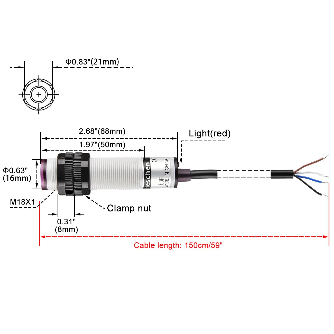 Heschen M18 Column Infrared Photoelectric Proximity Switch Diffusion Type E3F-DS10C3 Detection Distance 10cm 10-30V DC 200mA NPN NO+NC 4 Cables - Image 5