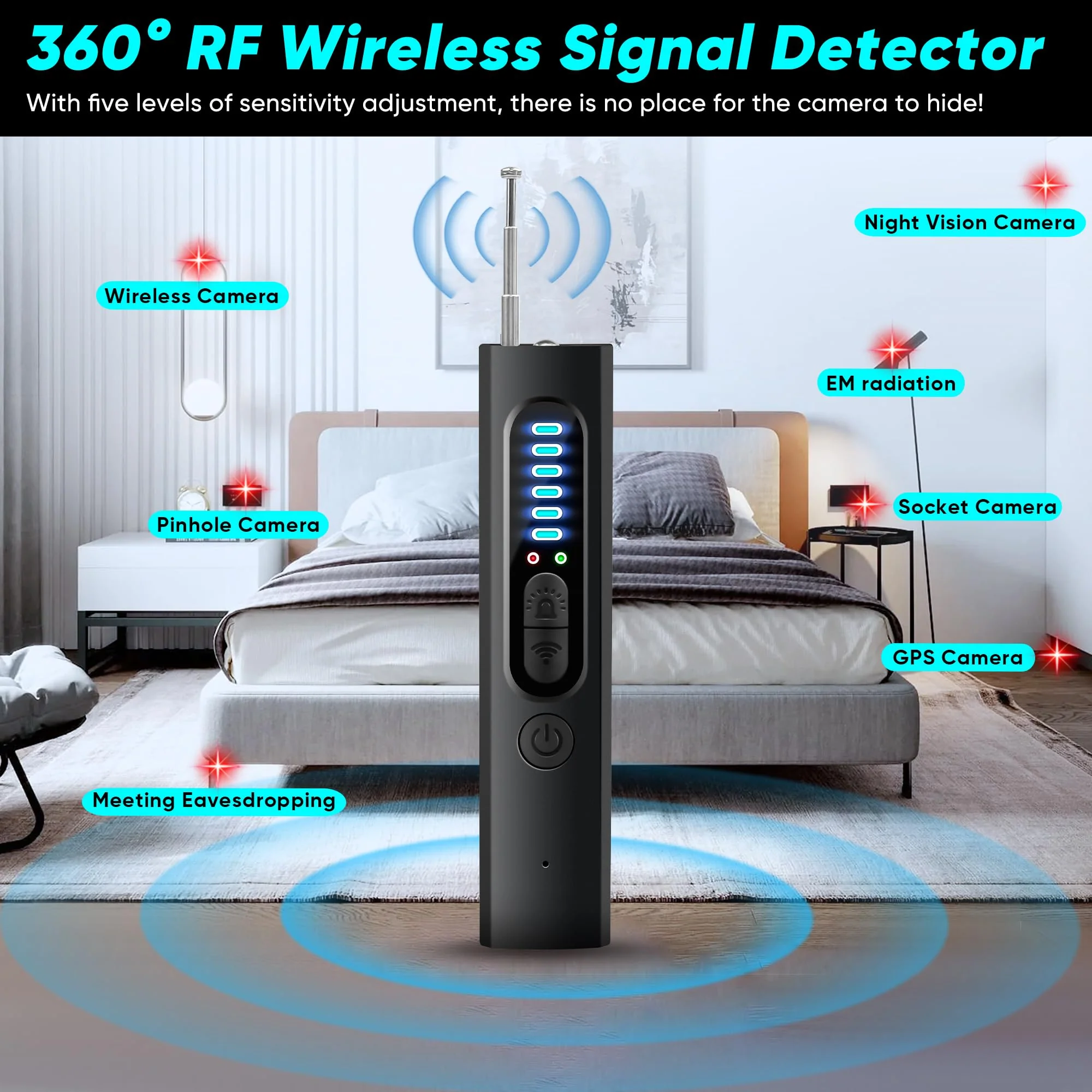 Hidden Camera Detector, 2024 Anti-Spy Camera Detector, Hidden Device GPS Detector, Bug Detector, Rf Wireless Signal Scanner, Camera Detector for Hotels, Home, Office, 5 Levels Sensitivity (Black) Black - Image 4