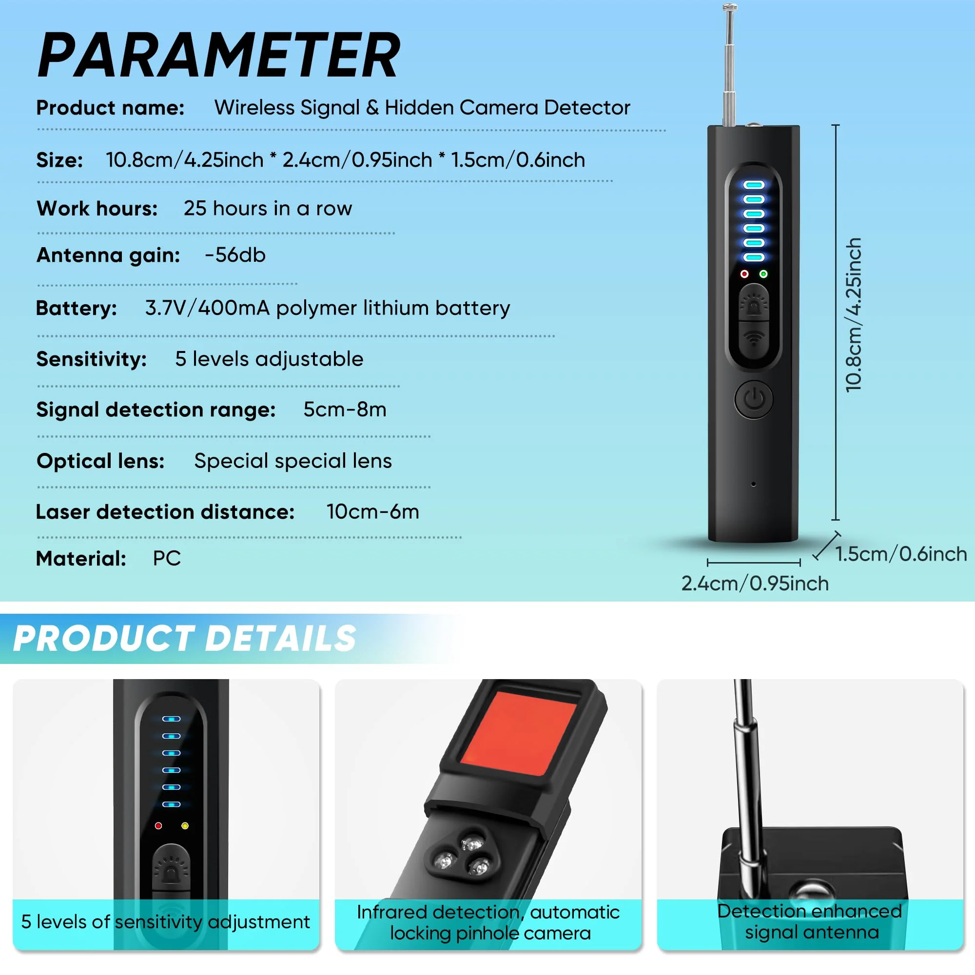 Hidden Camera Detector, 2024 Anti-Spy Camera Detector, Hidden Device GPS Detector, Bug Detector, Rf Wireless Signal Scanner, Camera Detector for Hotels, Home, Office, 5 Levels Sensitivity (Black) Black - Image 6