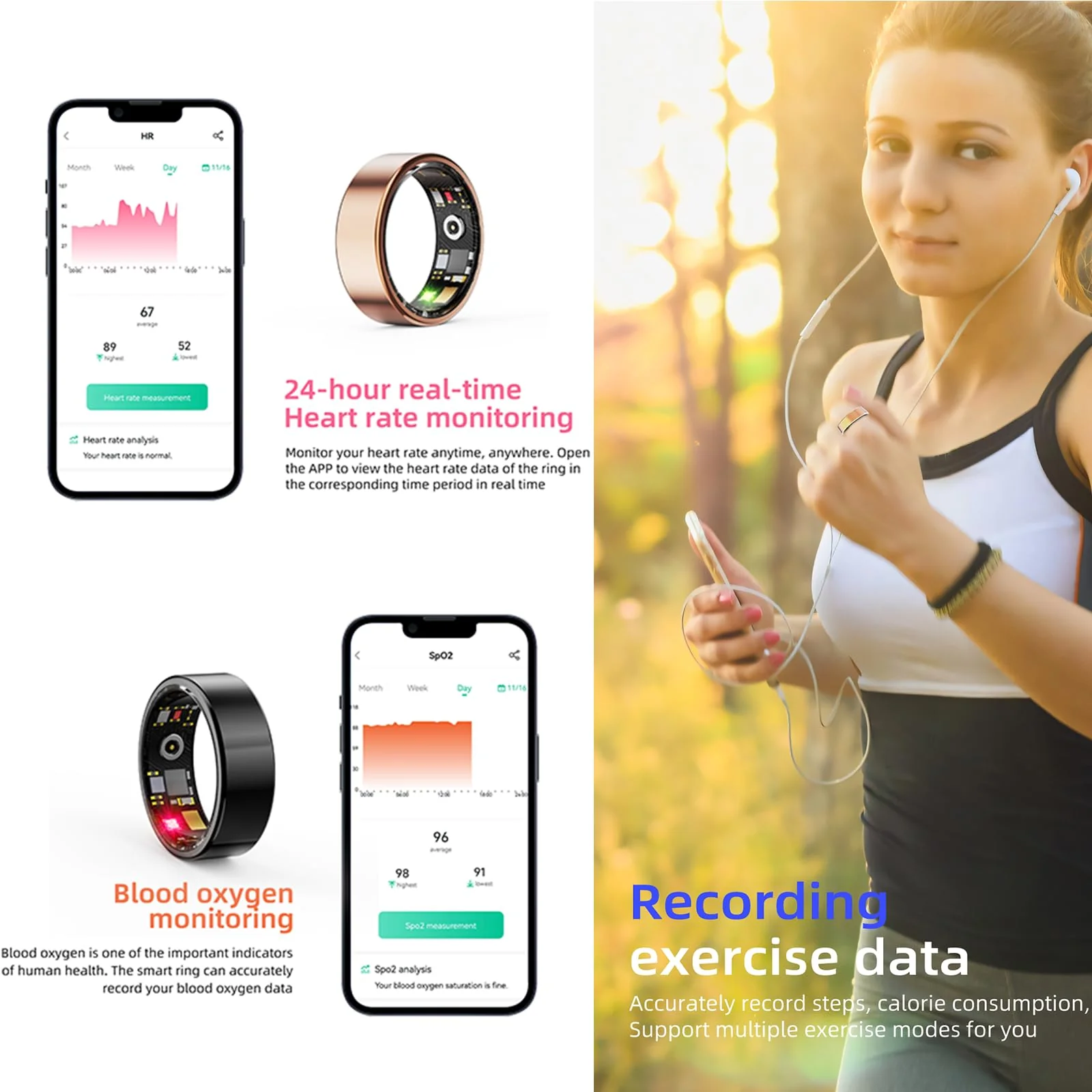 HitTopss Smart Ring, Fitness Tracking Smart Ring with Calories/Heart Rate/Blood Oxygen/Sleep Monitoring, IP68 Waterproof, No APP Subscription, Compatible with iOS/Android (Gold,10#) 10# Gold - Image 2
