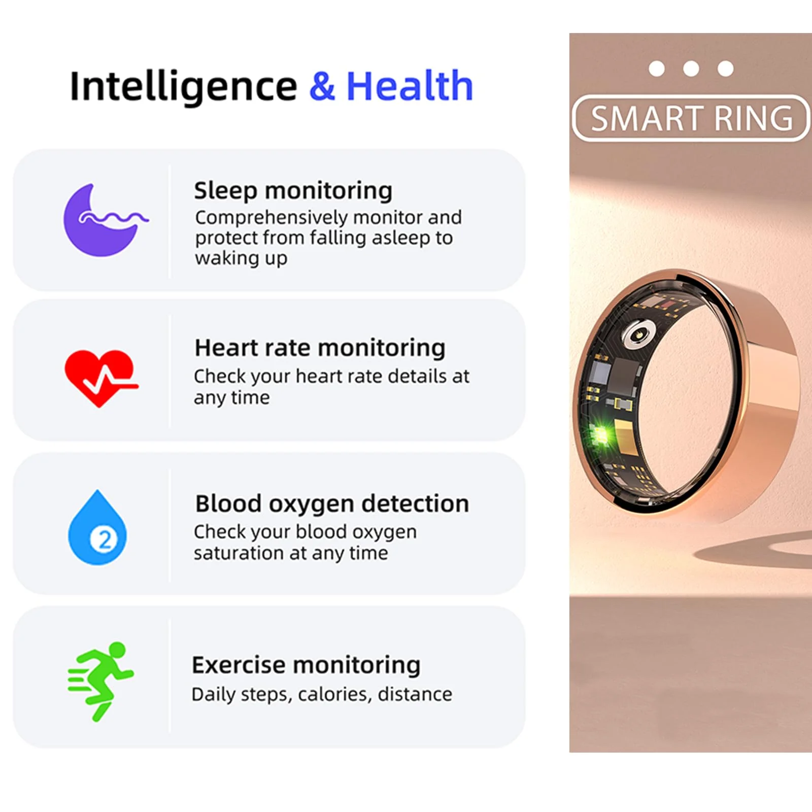 HitTopss Smart Ring, Fitness Tracking Smart Ring with Calories/Heart Rate/Blood Oxygen/Sleep Monitoring, IP68 Waterproof, No APP Subscription, Compatible with iOS/Android (Gold,10#) 10# Gold - Image 3