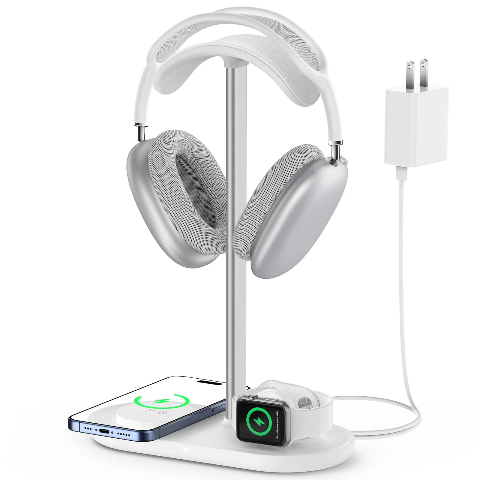 HiWe 3-in-1 Headphone Stand - Universal Desktop Gaming Headset Holder with Wireless Charger for Phones/AirPods/iWatch, Aluminum Alloy Rod, Leather Pad, ABS Solid Base, White Minimalist