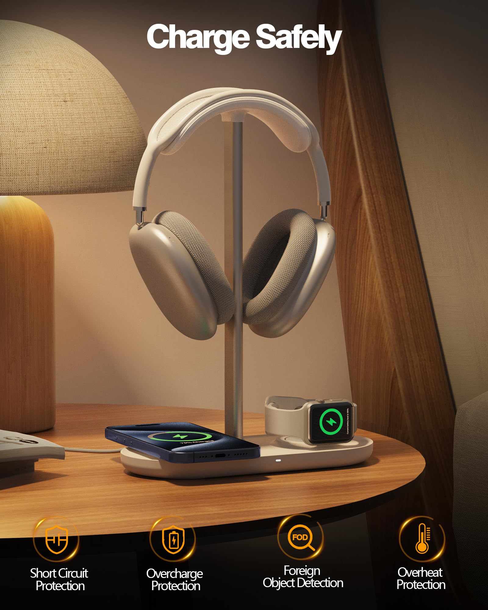 HiWe 3-in-1 Headphone Stand - Universal Desktop Gaming Headset Holder with Wireless Charger for Phones/AirPods/iWatch, Aluminum Alloy Rod, Leather Pad, ABS Solid Base, White Minimalist - Image 4
