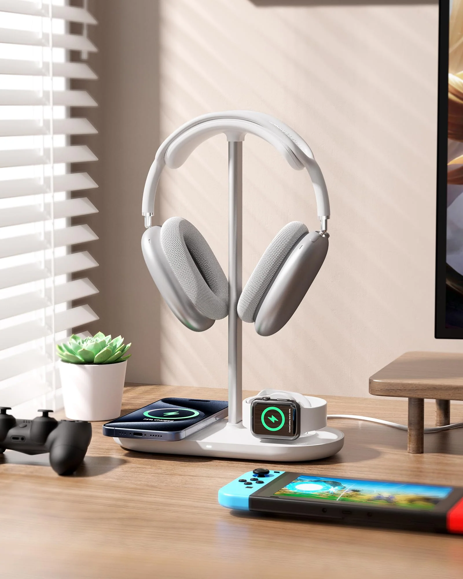 HiWe 3-in-1 Headphone Stand - Universal Desktop Gaming Headset Holder with Wireless Charger for Phones/AirPods/iWatch, Aluminum Alloy Rod, Leather Pad, ABS Solid Base, White Minimalist - Image 6