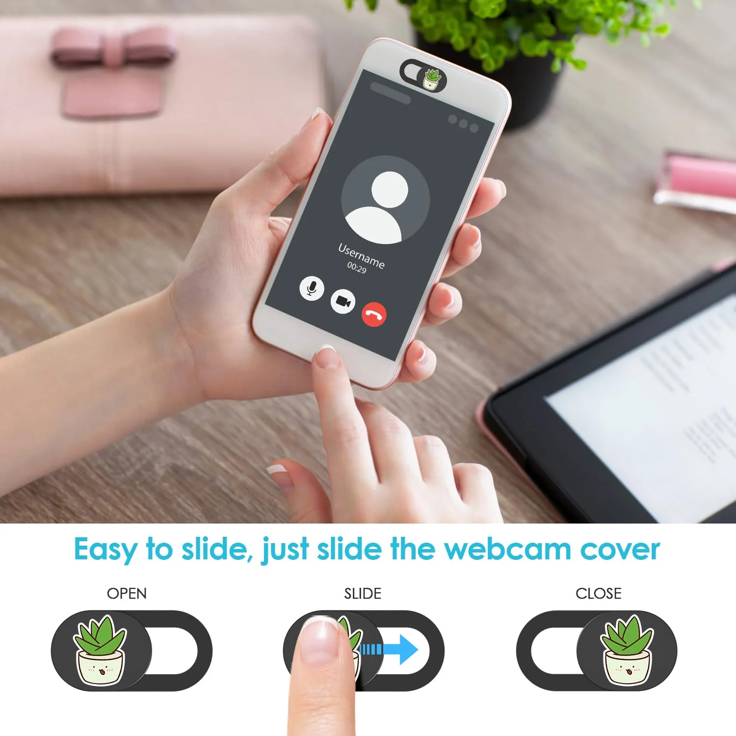 HKDGYHON Camera Privacy Cover, Ultra-Thin Happy Plant Camera Cover, Phone Camera Cover Slide Cute Accessories for MacBook Air Pro, iMac, Laptop, PC, iPad, iPhone, Cell Phone, Protect Privacy Desk Greenery-Black - Image 4