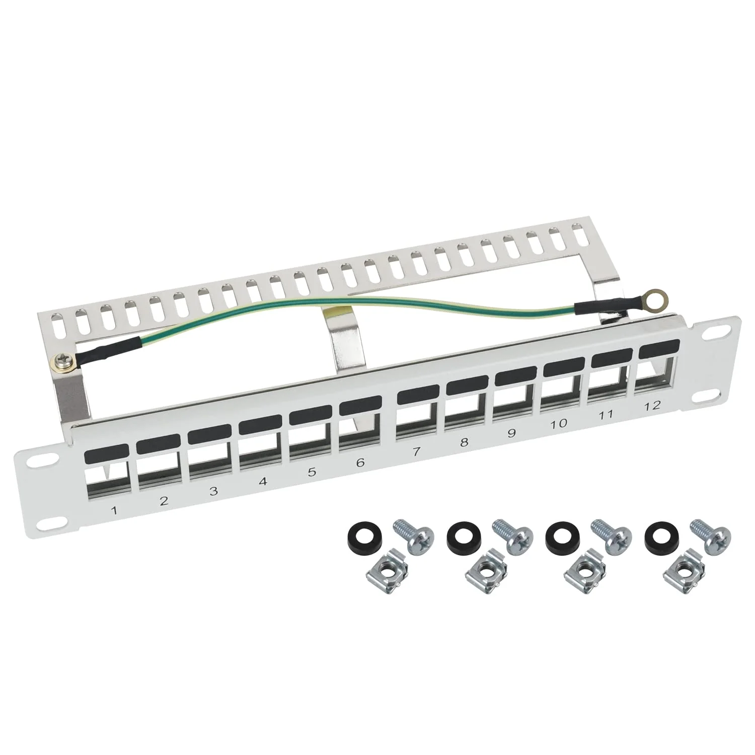 HMF 63346-07 STP Keystone Patch Panel for Server Cabinet, 10 Inch, 1 U, 12 Ports RJ45 Shielded, Light Grey STP - geschirmt