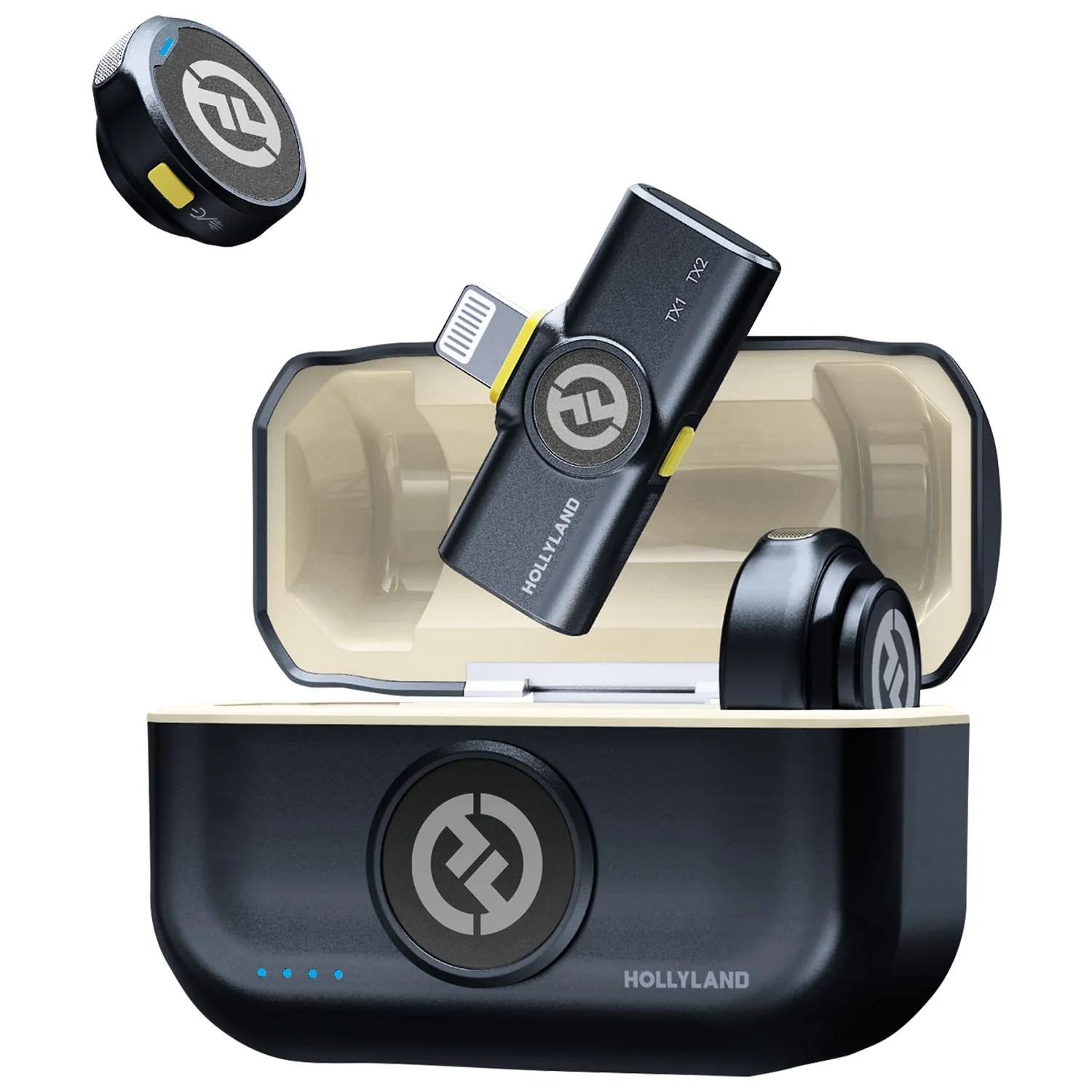Hollyland Lark M2 Wireless Microphone for iPhone14 & Below, Mini Magnetic Microphone, 300m Range, Hi-Fi Audio, Noise Cancelling, 30h Use, Video Recording (2TX + Lightning RX + Charging Case) Black