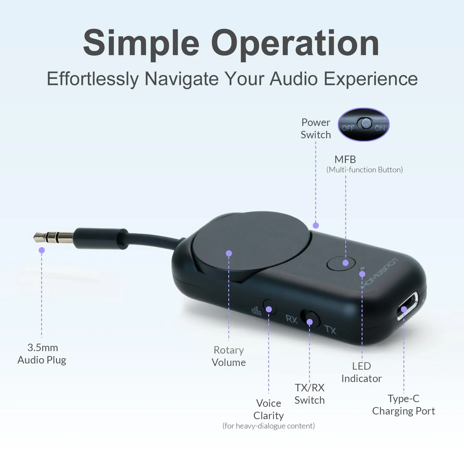 HomeSpot Bluetooth 5.3 Airplane Adapter, Rotary Volume, aptX Low Latency & Adaptive, 25 Hrs, Use with Any 3.5mm Jack on Airplanes, TVs, Car, Gym, Ideal for AirPods, Headphones and More, Black - Image 2