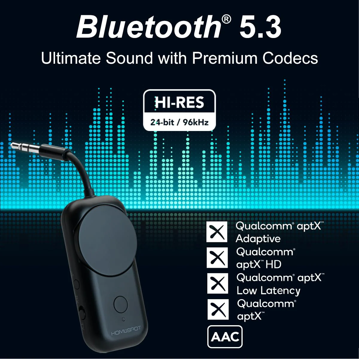 HomeSpot Bluetooth 5.3 Airplane Adapter, Rotary Volume, aptX Low Latency & Adaptive, 25 Hrs, Use with Any 3.5mm Jack on Airplanes, TVs, Car, Gym, Ideal for AirPods, Headphones and More, Black - Image 6