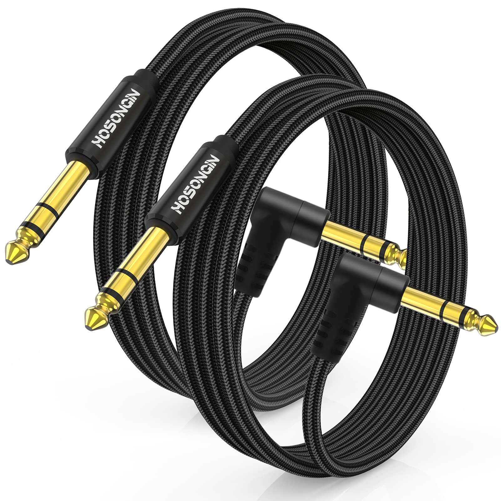 HOSONGIN 1/4 Inch TRS Instrument Cable 10 feet 2-Pack, Straight-to-Right Angle 6.35mm Male Stereo Audio Cord, Balanced Interconnect Line for Electric Guitar, Bass, Keyboard, Mixer, Amplifier, Speaker 1/4" TRS Stereo Cable