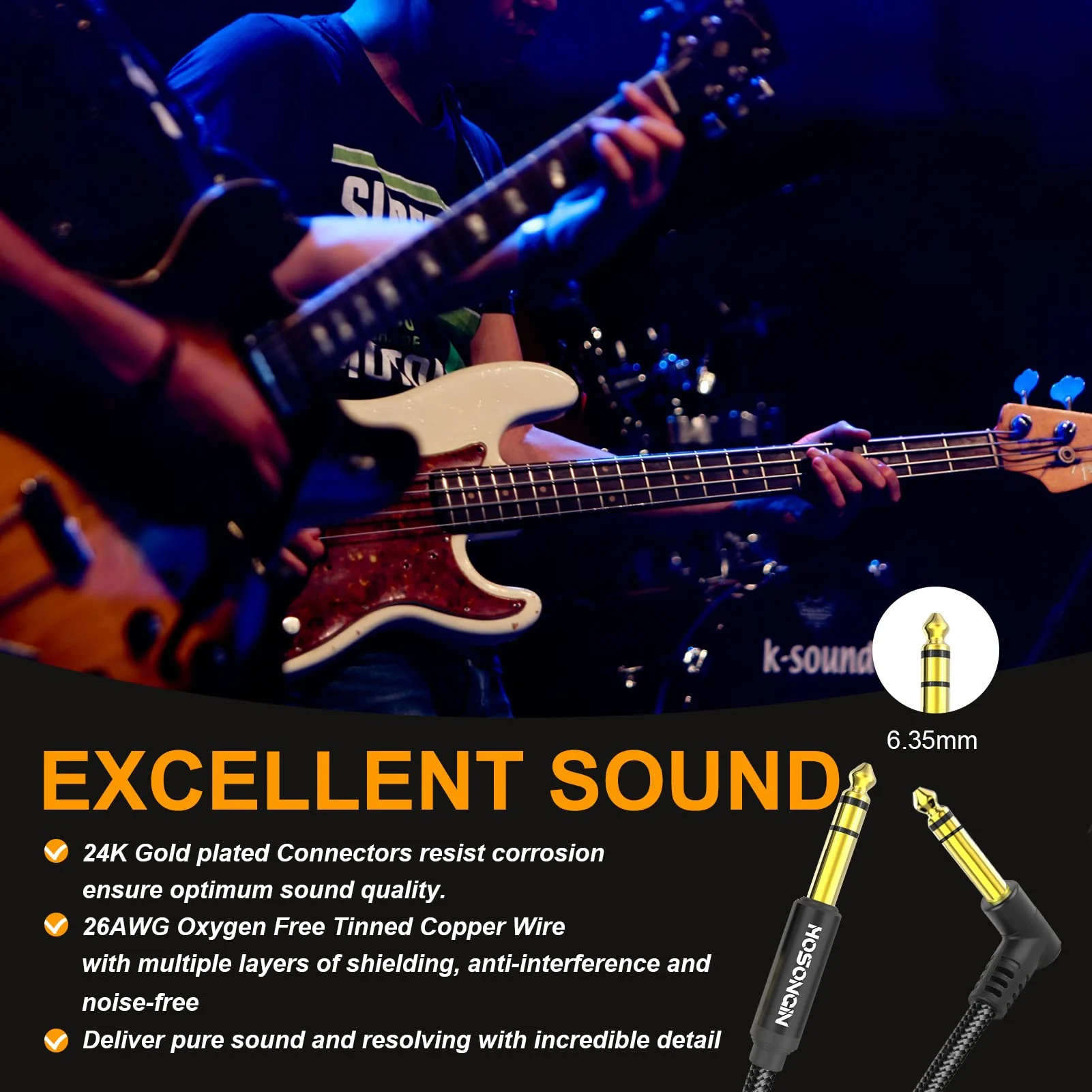 HOSONGIN 1/4 Inch TRS Instrument Cable 10 feet 2-Pack, Straight-to-Right Angle 6.35mm Male Stereo Audio Cord, Balanced Interconnect Line for Electric Guitar, Bass, Keyboard, Mixer, Amplifier, Speaker 1/4" TRS Stereo Cable - Image 6