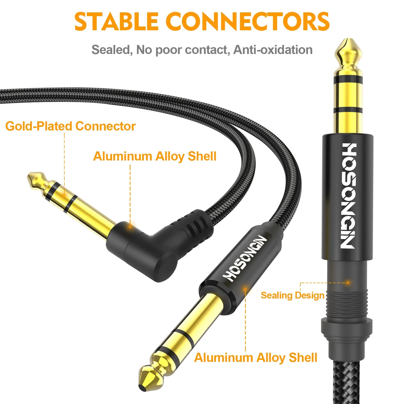 HOSONGIN 1/4 Inch TRS Instrument Cable 3.3 feet 2-Pack, Straight-to-Right Angle 6.35mm Male Stereo Audio Cord, Balanced Interconnect Line for Electric Guitar, Bass, Keyboard, Mixer, Amplifier, Speaker 1/4" TRS Stereo Cable - Image 5