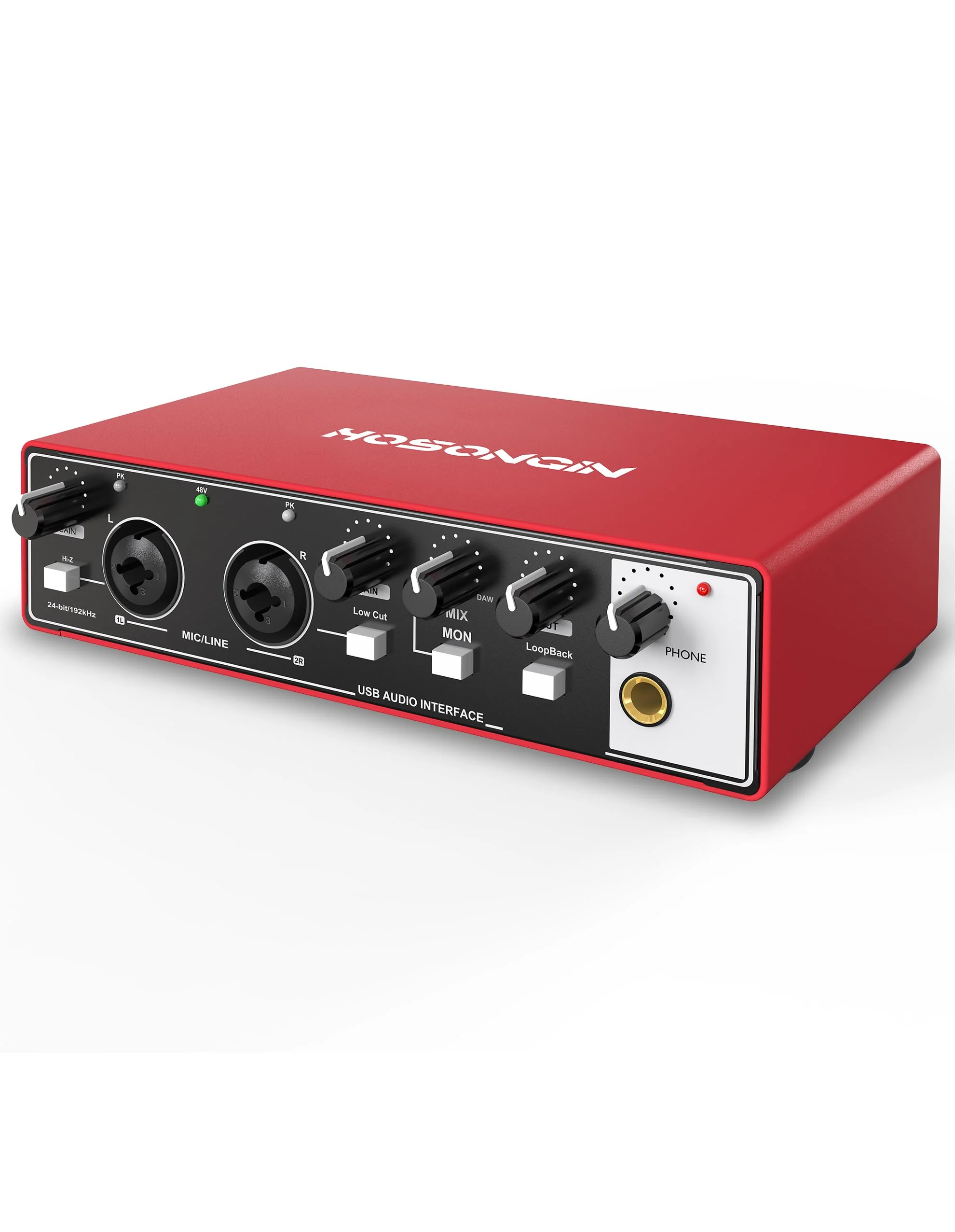 HOSONGIN 2i2 USB Audio Interface for Beginners - 24Bit/192kHz, 48V Phantom Power, Plug & Play Recording for Podcast/Vocals/Guitar/Youtube, PC/Mac/iOS Compatible (Red Metal) H-A002