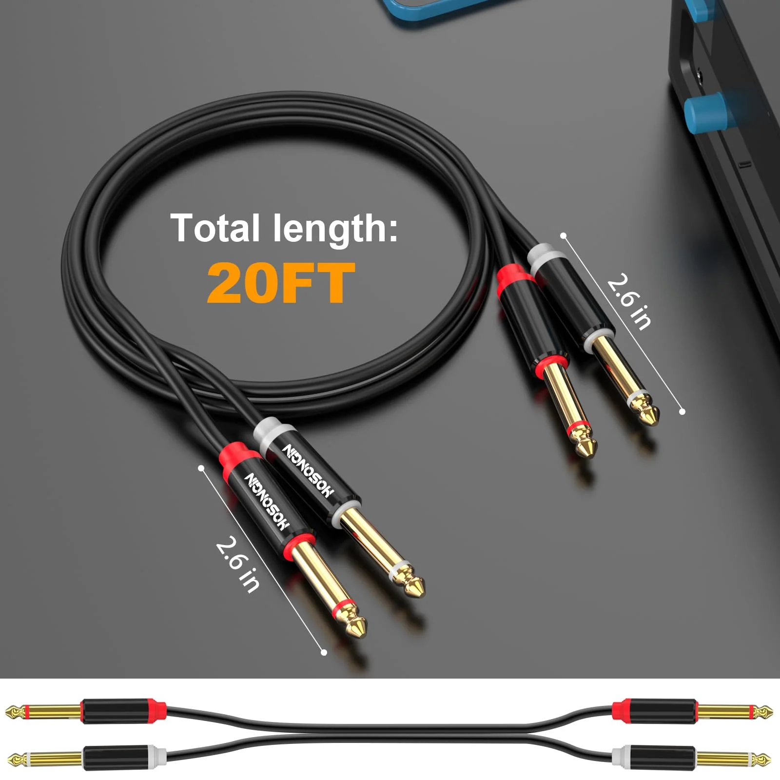 HOSONGIN Dual 1/4 inch TS to Dual 1/4 inch TS Stereo Interconnect Insert Cable for Amplifer Mixer, 20 Feet, PVC Jacket-Gold Plated Plug-Double Shielding - Image 6