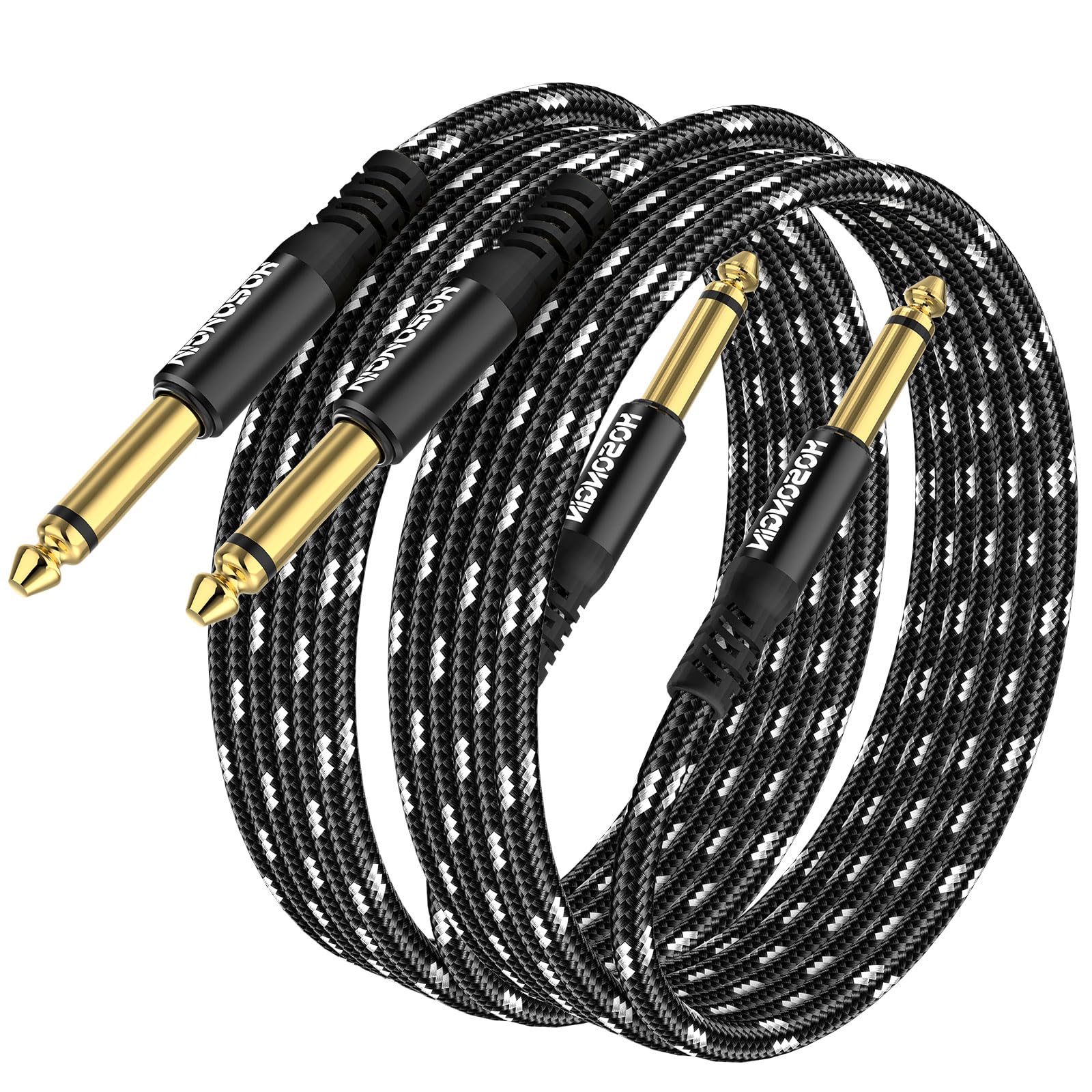 HOSONGIN Guitar Cable 2 Pack 10ft - 1/4 Inch Electric Instrument Cable Bass AMP Cord for Electric Guitar, Bass Guitar, Electric Mandolin, Pro Audio - Black/White Braided Tweed, 24K Gold Plated Plug 10 Feet 1/4" TS Mono Guitar Cable