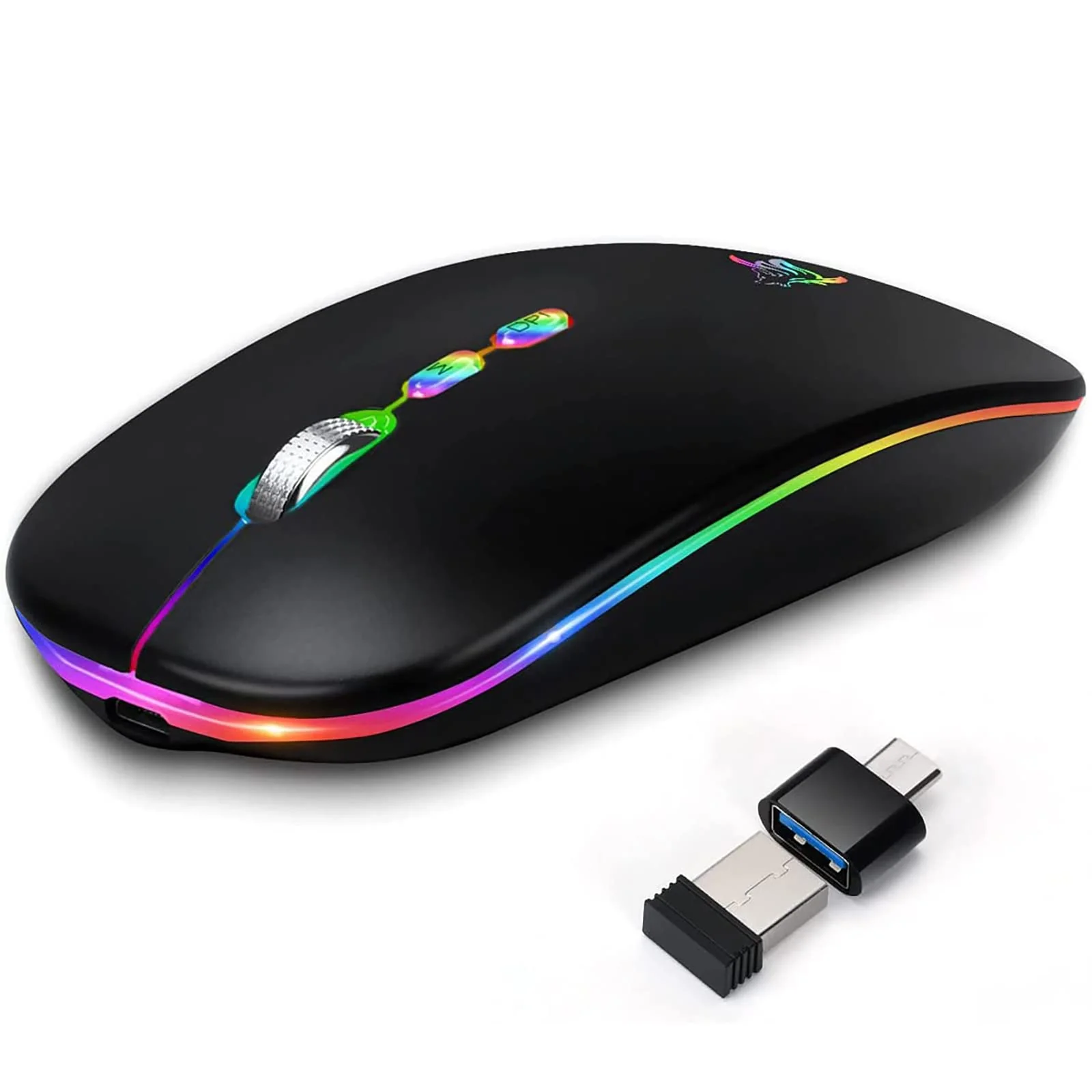 HOTLIFE LED Wireless Mouse, Slim Rechargeable Silent Portable USB Optical 2.4G Wireless Bluetooth Two Mode Computer Mice with USB Receiver and Type C Adapter (Black) Black