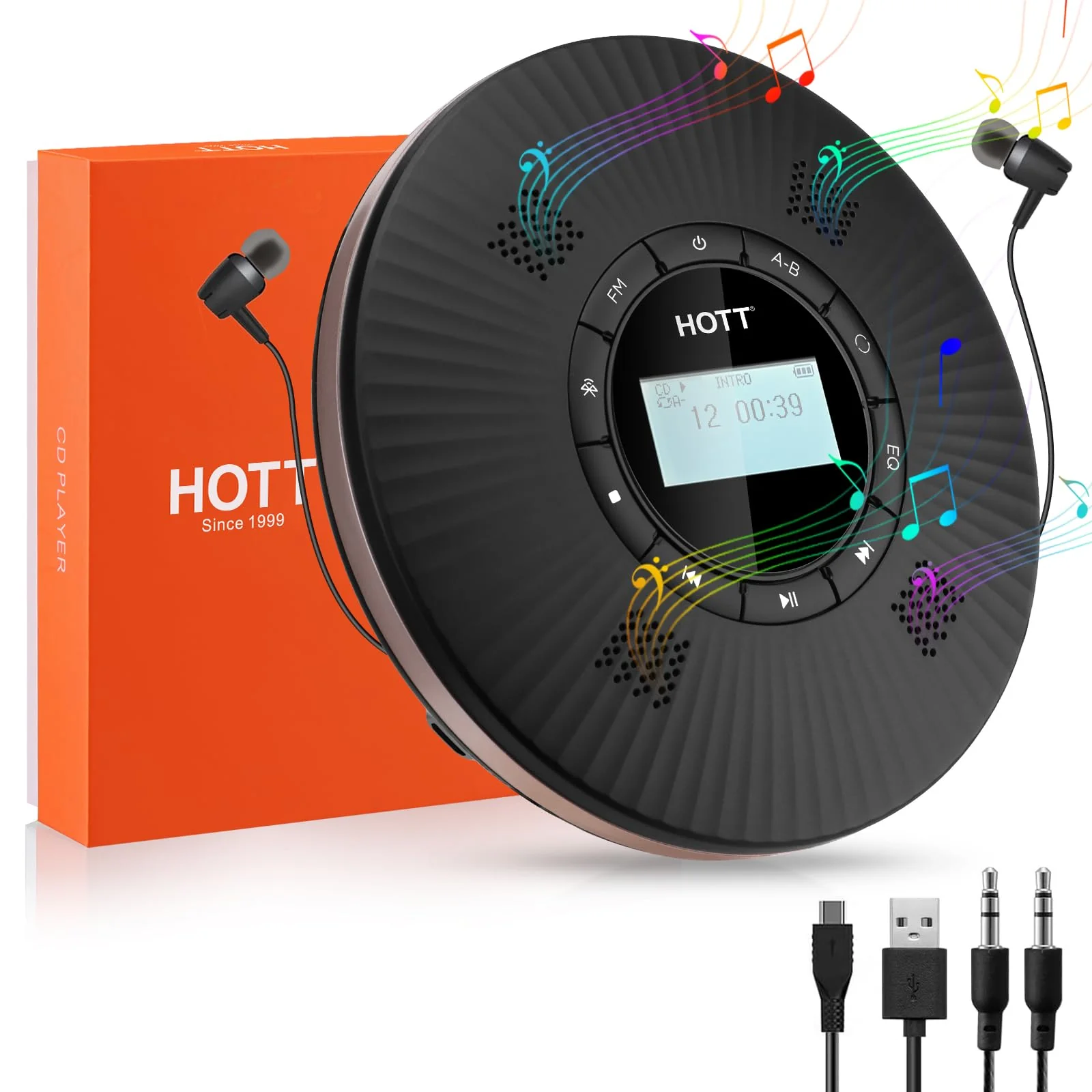 HOTT CD Player Portable with 4 Speakers, Portable CD Player with 5.3 Bluetooth and FM Transmitter with Big LCD Screen Rechargeable 1800mAh Small Walkman CD Players with Headphones for Car Home Travel C228 Black