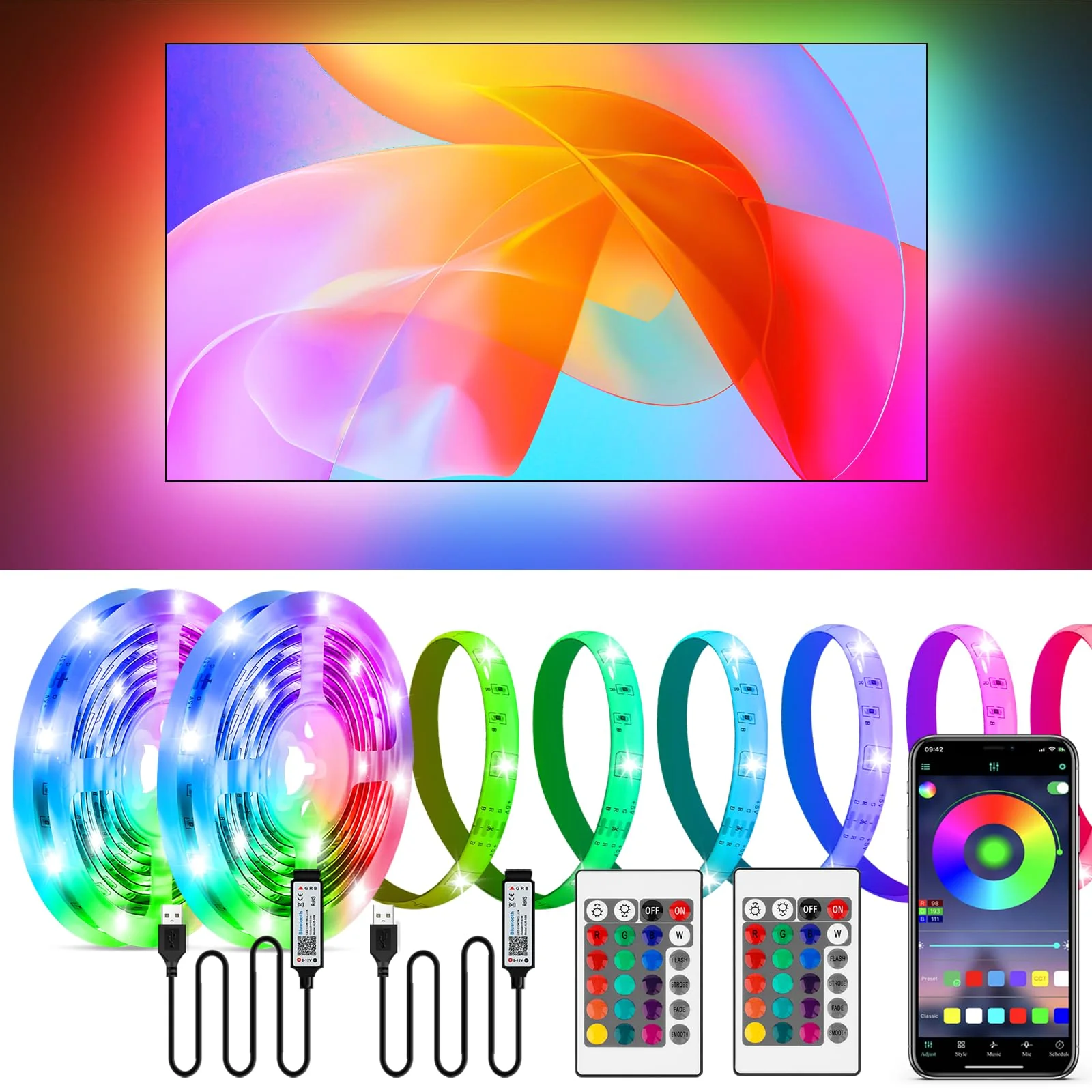 HOUHUI LED Strip Lights Kit, 2x9.8Ft RGB LED Lights Strip for 32-50in TV LED Backlight, App Control Strip Light Waterproof IP65 with Remote, Music Sync USB TV LED Light Strip for Home PC Monitor Desk