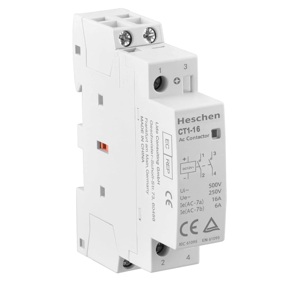 Household AC Contactor, CT1-16, Ie 16A, 2 Pole, Two Normally Open, DC 12V Coil Voltage, 35mm DIN Rail Mount