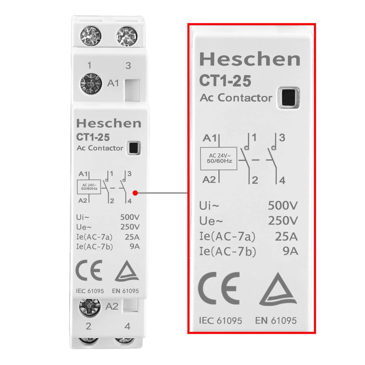 Household AC Contactor, CT1-25, Ie 25A, 2 Pole Two Normally Open, AC 24V Coil Voltage, 35mm DIN Rail Mount - Image 4