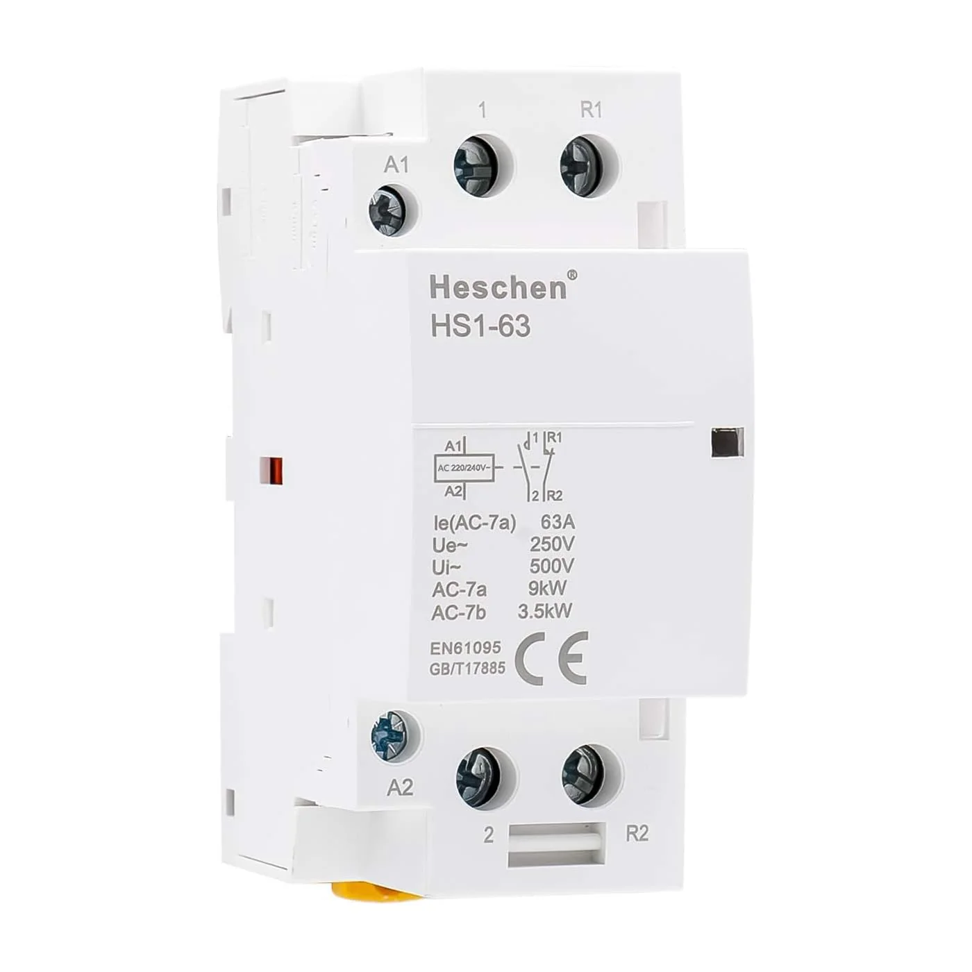 Household AC Contactor, HS1-63, 2 Pole 1NO 1NC, AC 220V/240V Coil Voltage, 35mm DIN Rail Mount