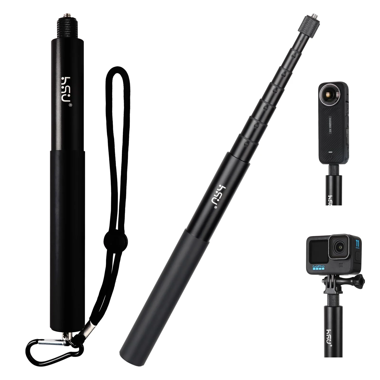 HSU 59”/150cm Invisible Selfie Stick for Insta360, Extension Monopod Pole for Insta360 X4, X3, X2, X, Insta 360 ONE R, RS, GoPro, DJI Action Camera