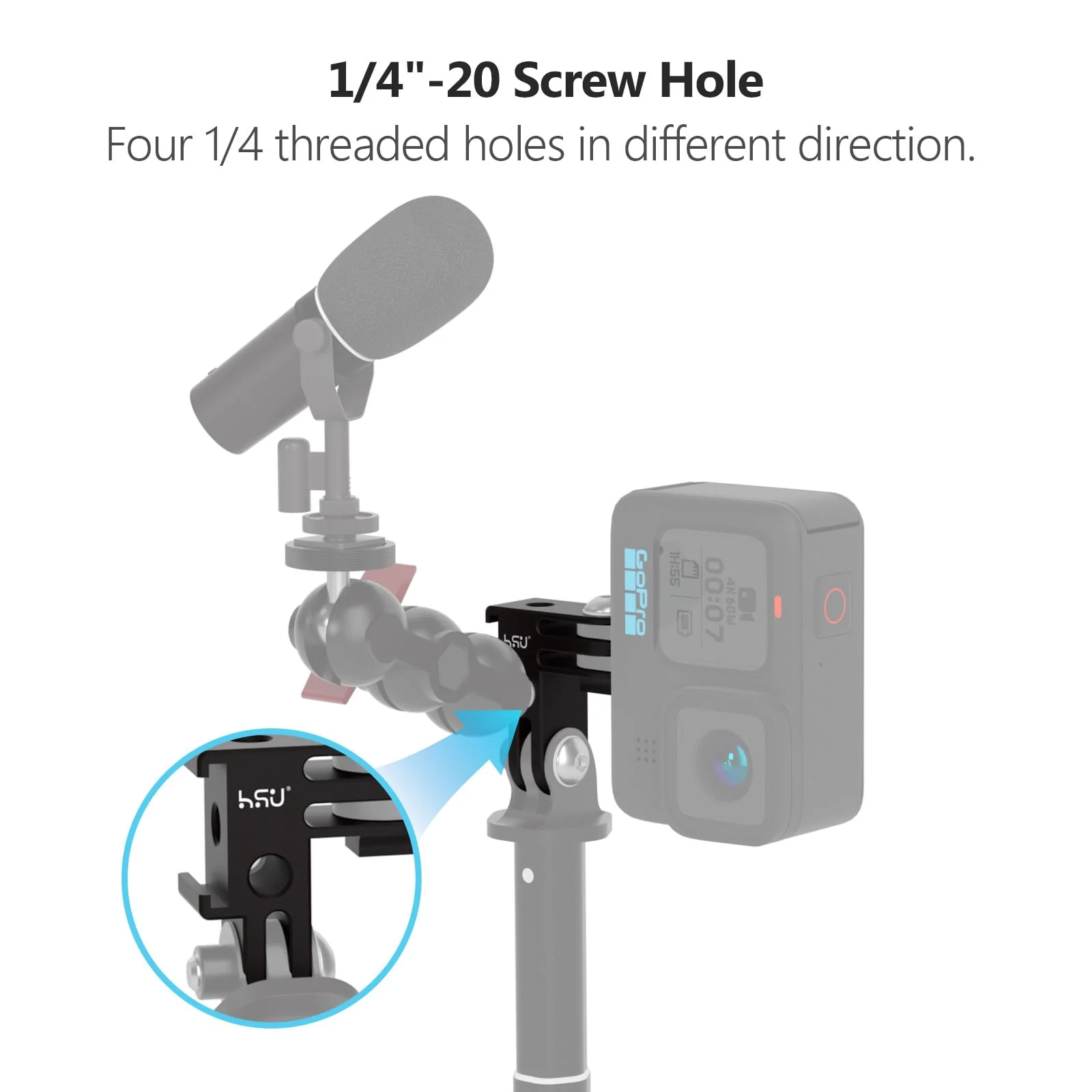 HSU Vertical Mount for GoPro, Aluminum 90 Degree Cold Shoe Direction Adapter, 1/4"-20 Screw Hole Tripod Mount for GoPro Hero 12/11/10/9/8/7/6, DJI Osmo Action 4/3 AKASO Action Camera and More - Image 3