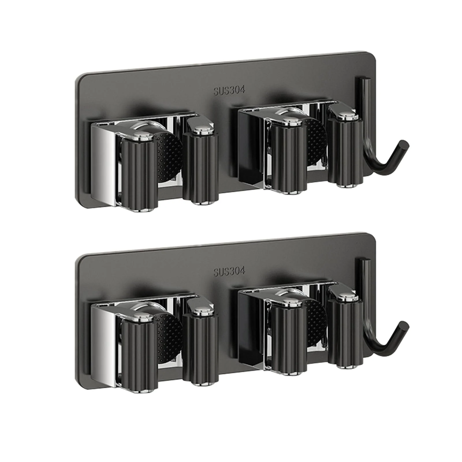 HTRTRR Broom Holder Wall 2 Pieces, 3 in 1 Tool Holder Stainless Steel Garden Tool Holder Wall Mount Self-Adhesive Broom Holder for Kitchen, Home, Bathroom, Garage, Garden