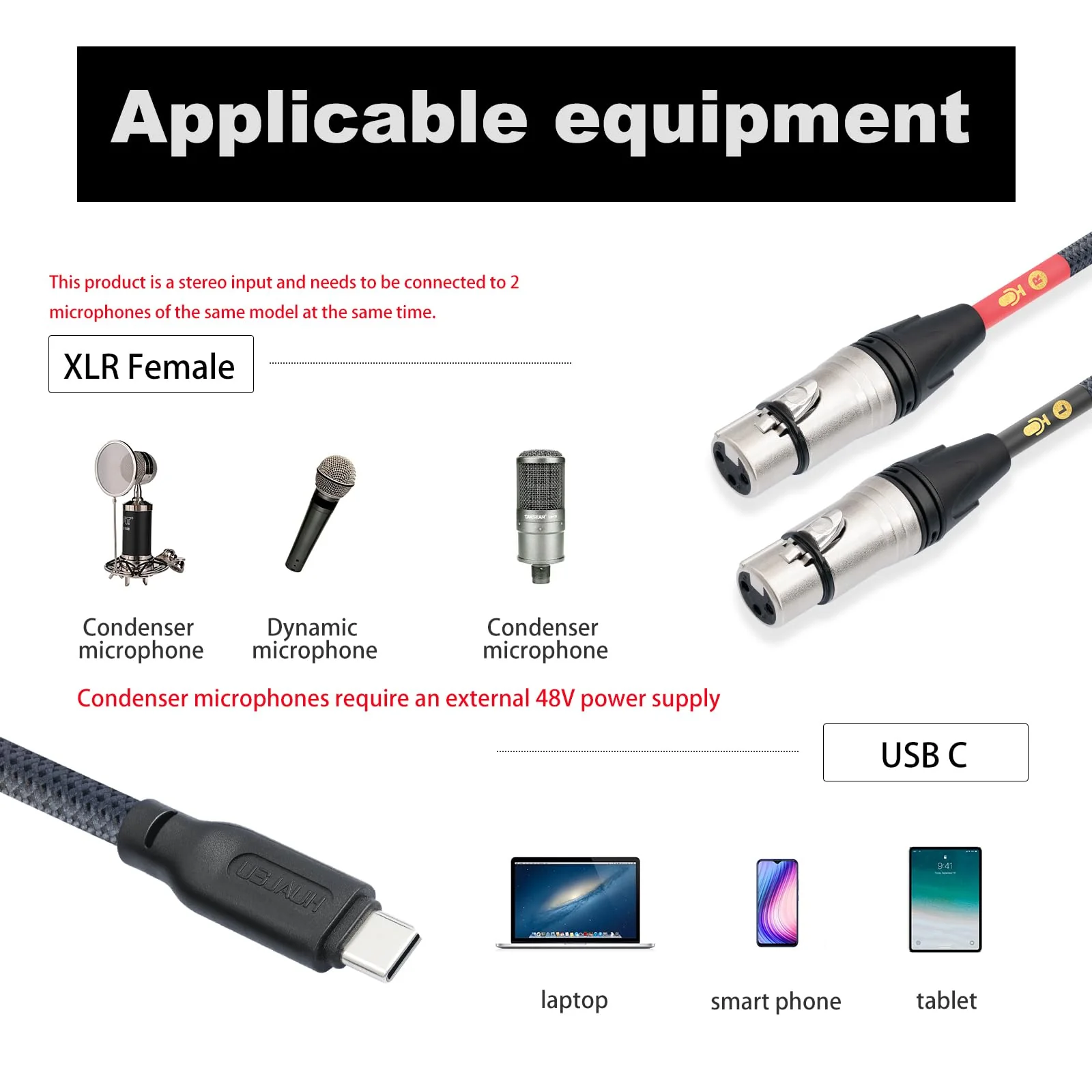 HUALUE 3.3Feet Stereo Dual XLR Female to USB C,Smartphone USB C Microphone Cable,Dual Channel Stereo Input USB C to XLR Female for iPhone 15 ipad Dynamic Microphone Laptop 3.3FT - Image 2