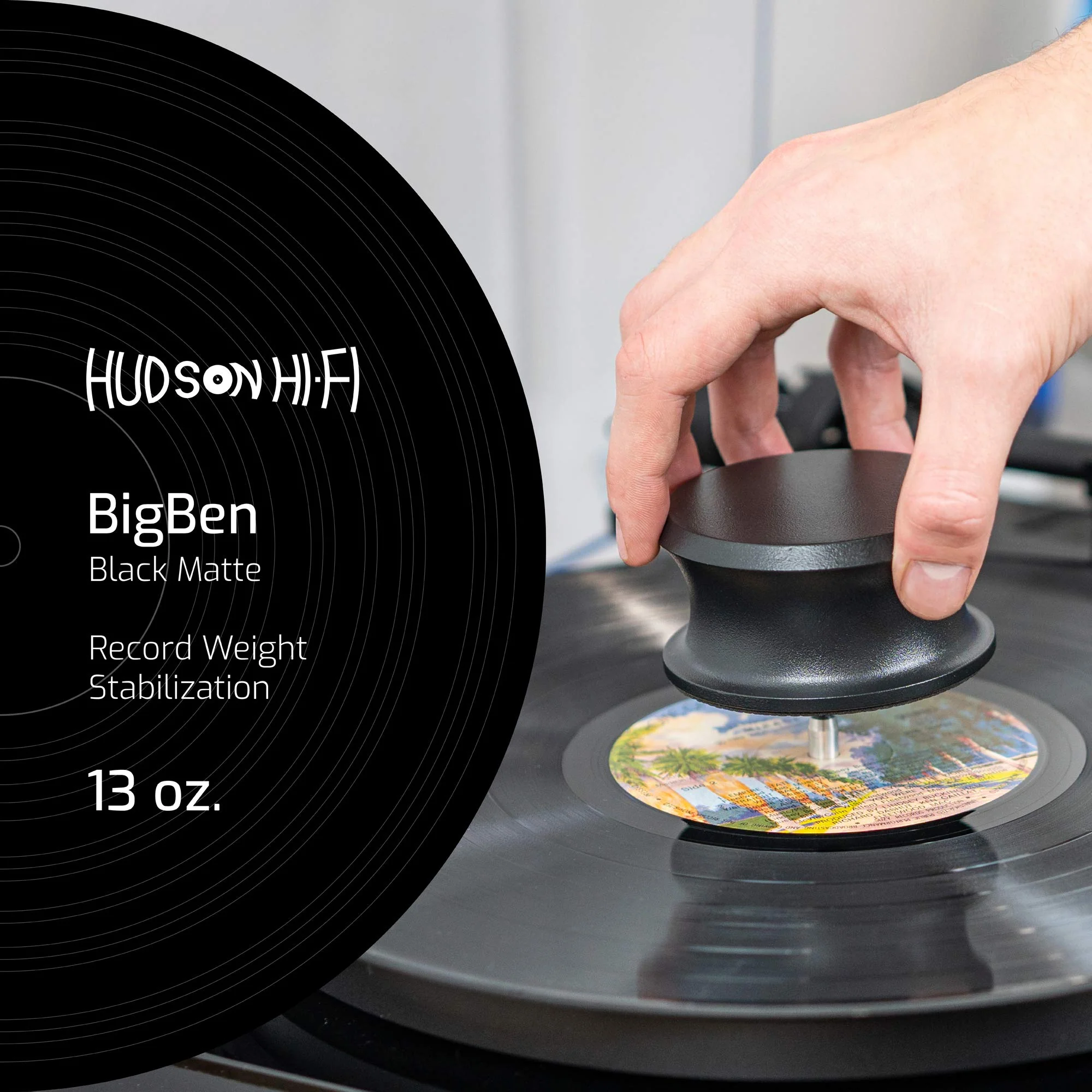 Hudson Hi-Fi BigBen Record Weight Stabilizer with Protective Leather Pad - 13-Ounce Vinyl Weight - Solid Steel Turntable Weight Stabilizer, Vinyl Record Accessories for Improved Sound - Black - Image 2