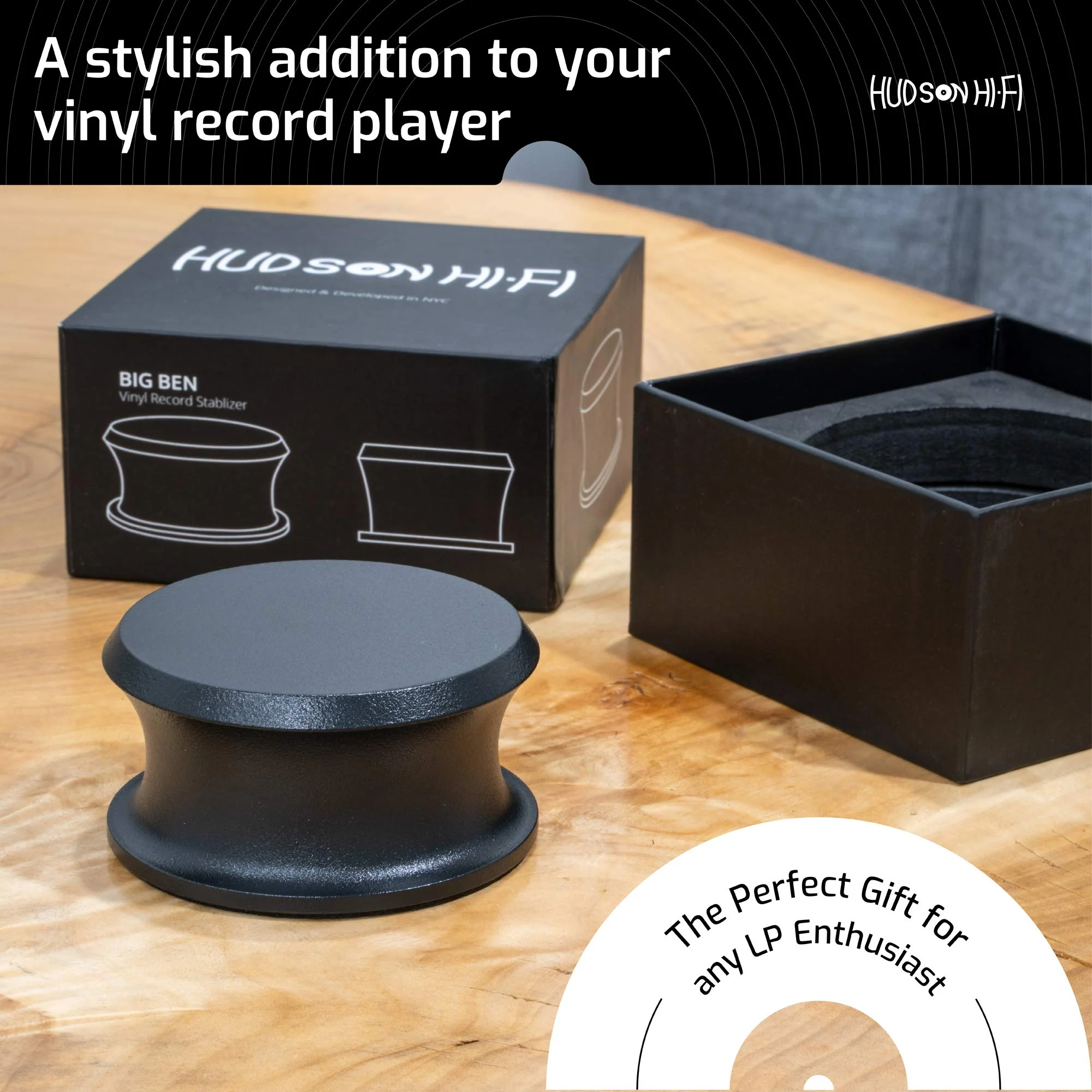 Hudson Hi-Fi BigBen Record Weight Stabilizer with Protective Leather Pad - 13-Ounce Vinyl Weight - Solid Steel Turntable Weight Stabilizer, Vinyl Record Accessories for Improved Sound - Black - Image 6