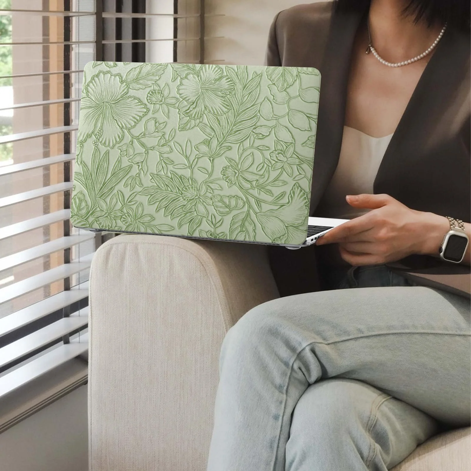 iCasso Compatible with MacBook Air 13 inch Case 2021 2020 2019 2018 Release A1932 A2179 M1 A2337, Texture Leather Plastic Hard Shell Case + Keyboard Cover + Screen Protector, Green Embossed Floral Air 13 case(A1932 A2179 M1 A2337) - Image 4